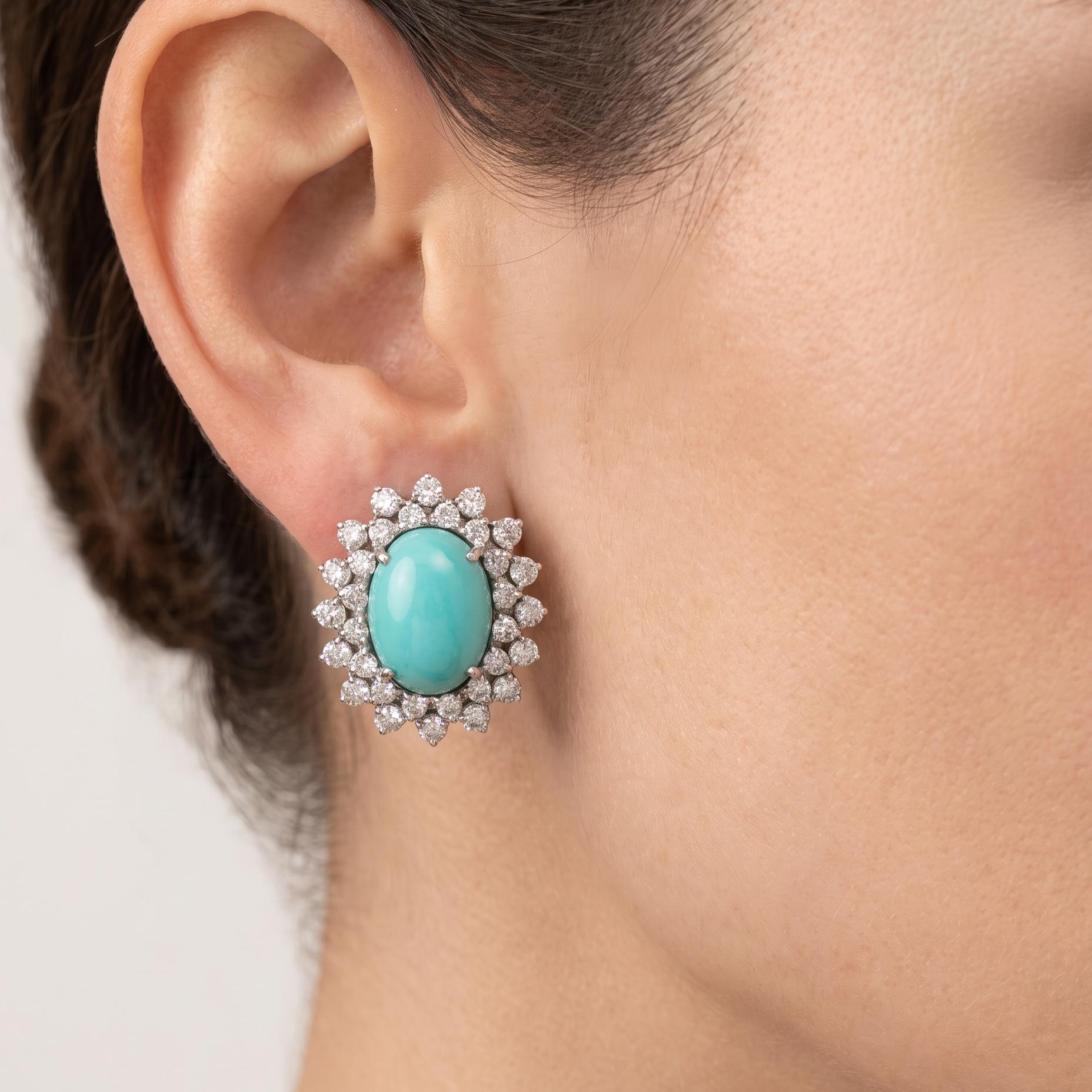 Vintage 14K White Gold Clip On Earrings 3.1ct Round G VS Diamonds and Turquoise