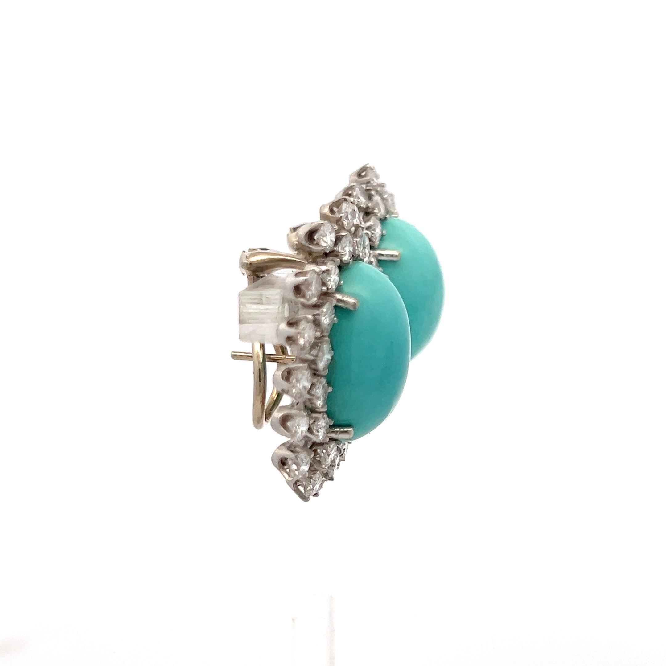 Vintage 14K White Gold Clip On Earrings 3.1ct Round G VS Diamonds and Turquoise