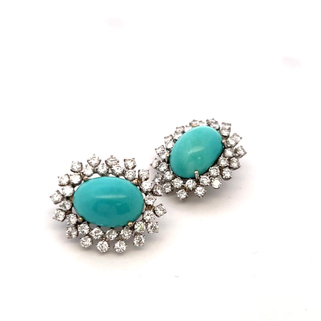 Vintage 14K White Gold Clip On Earrings 3.1ct Round G VS Diamonds and Turquoise