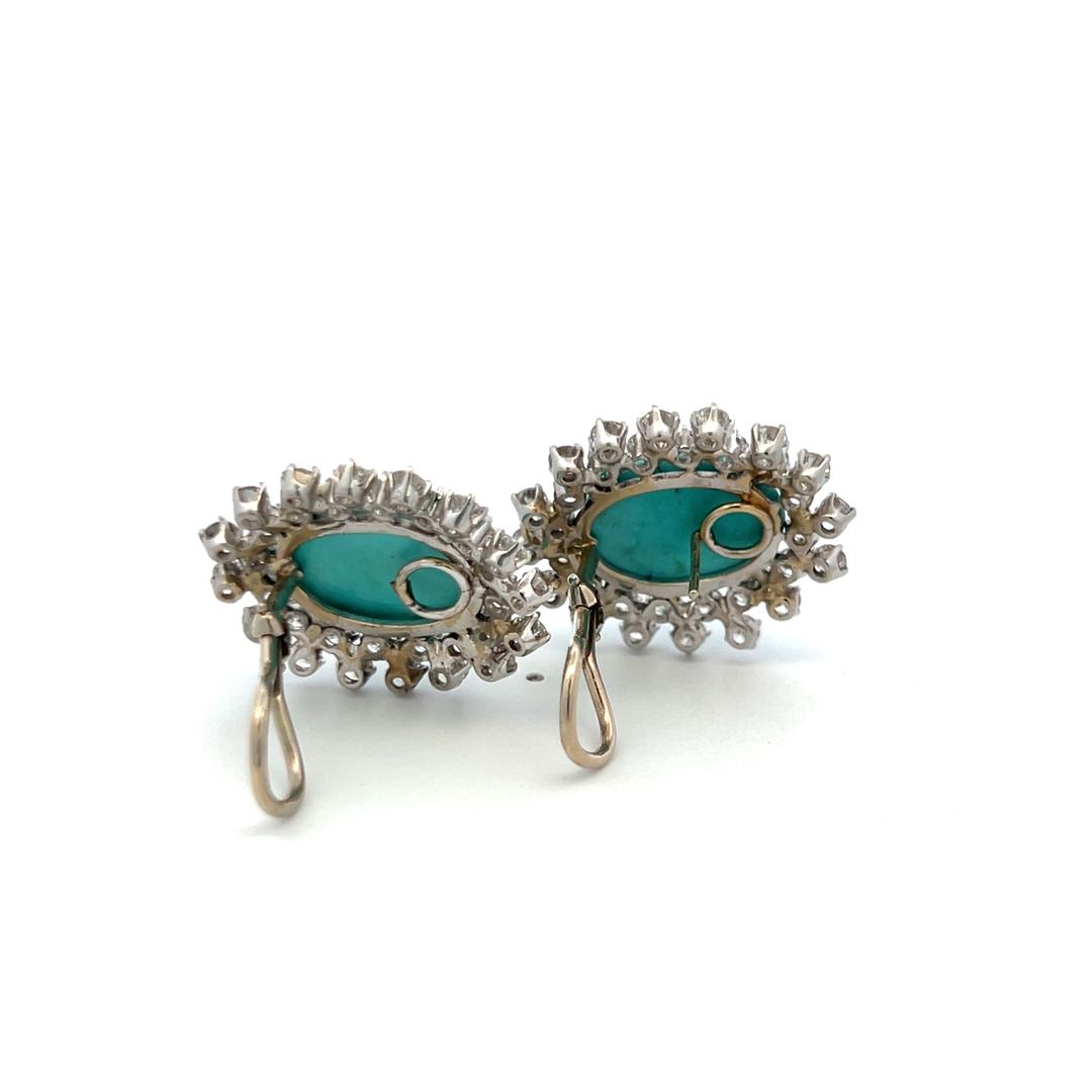 Vintage 14K White Gold Clip On Earrings 3.1ct Round G VS Diamonds and Turquoise