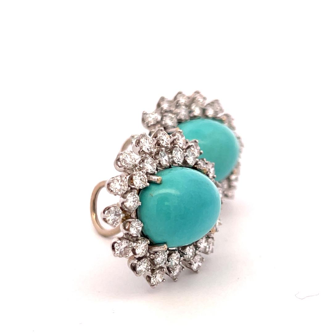 Vintage 14K White Gold Clip On Earrings 3.1ct Round G VS Diamonds and Turquoise