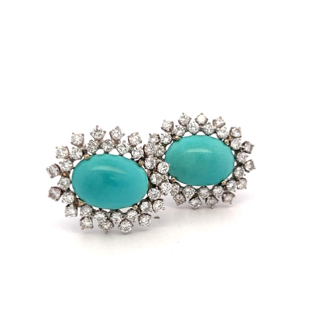 Vintage 14K White Gold Clip On Earrings 3.1ct Round G VS Diamonds and Turquoise