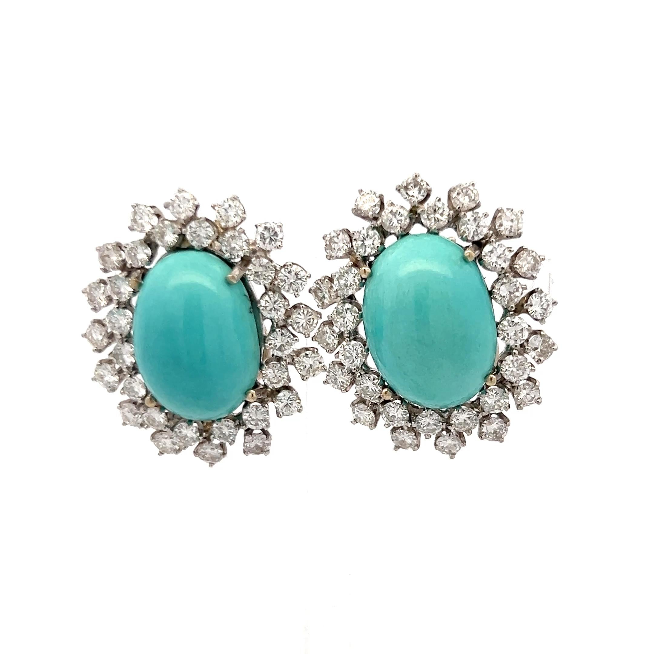Vintage 14K White Gold Clip On Earrings 3.1ct Round G VS Diamonds and Turquoise