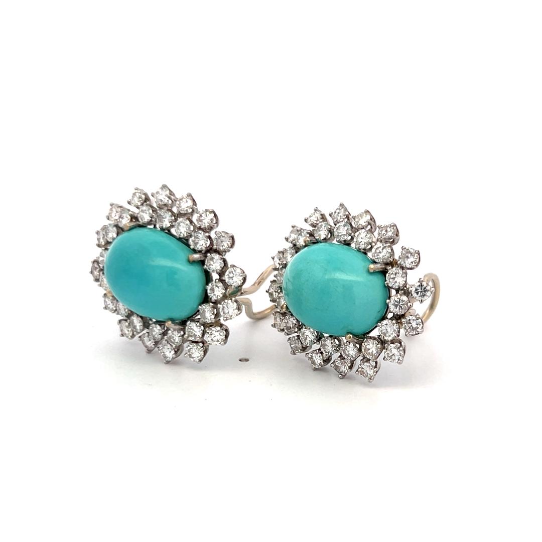 Vintage 14K White Gold Clip On Earrings 3.1ct Round G VS Diamonds and Turquoise