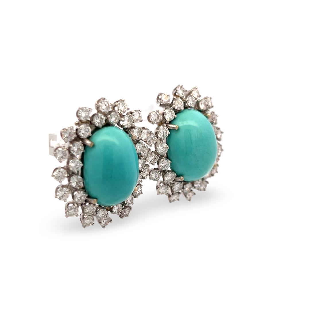 Vintage 14K White Gold Clip On Earrings 3.1ct Round G VS Diamonds and Turquoise