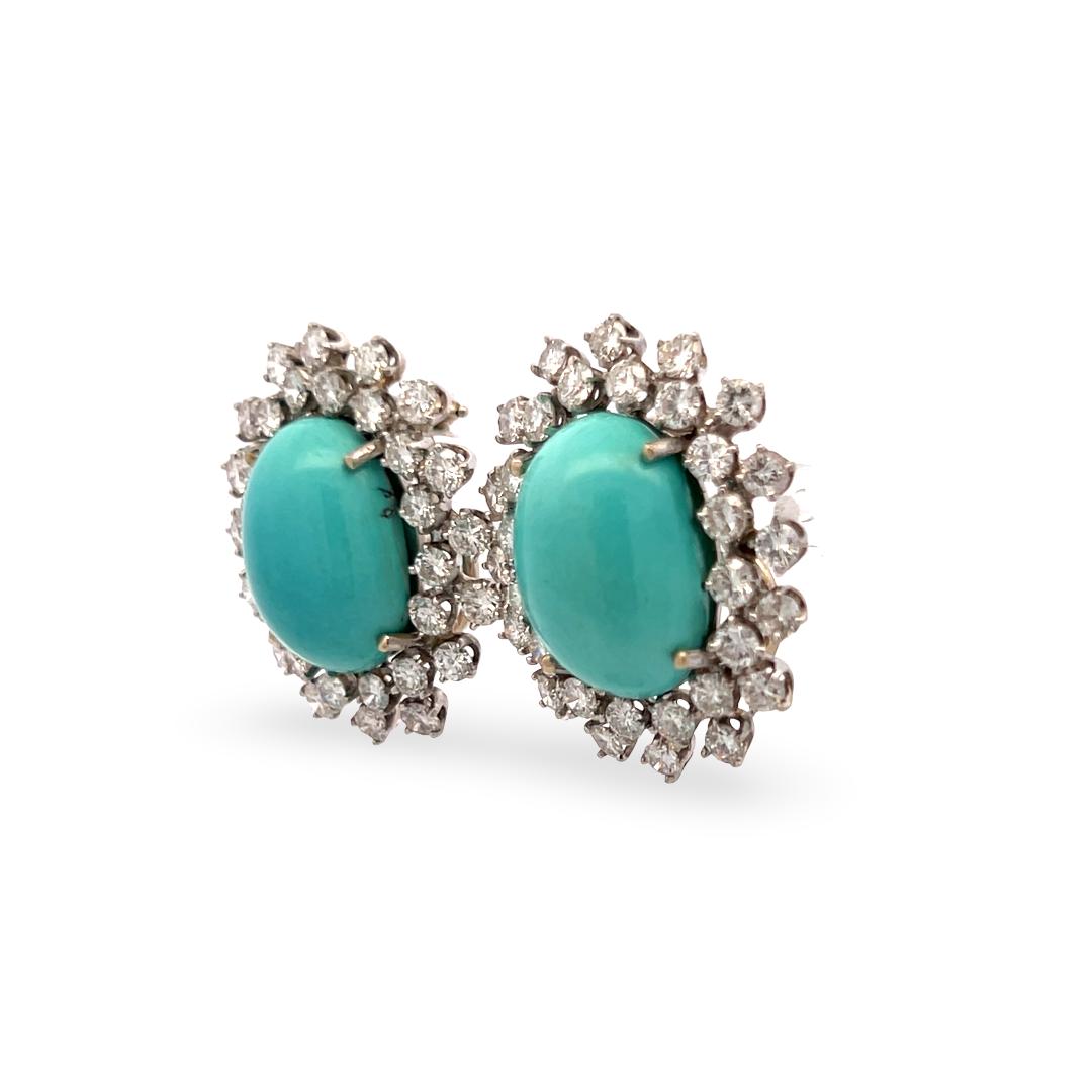 Vintage 14K White Gold Clip On Earrings 3.1ct Round G VS Diamonds and Turquoise
