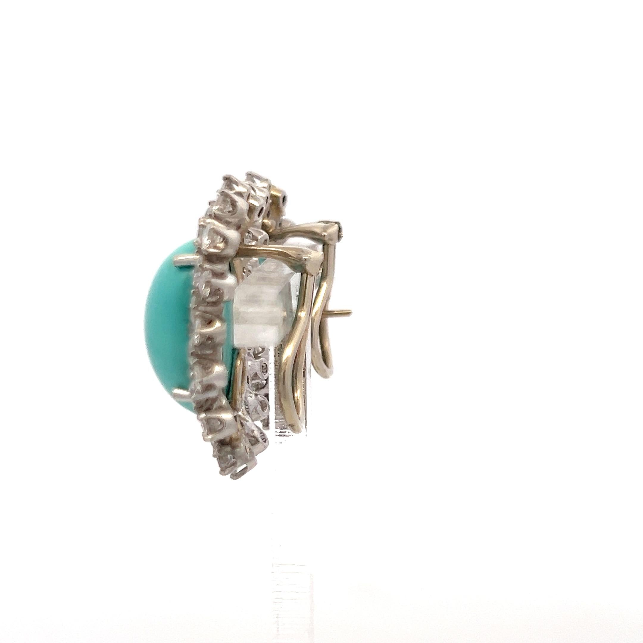 Vintage 14K White Gold Clip On Earrings 3.1ct Round G VS Diamonds and Turquoise