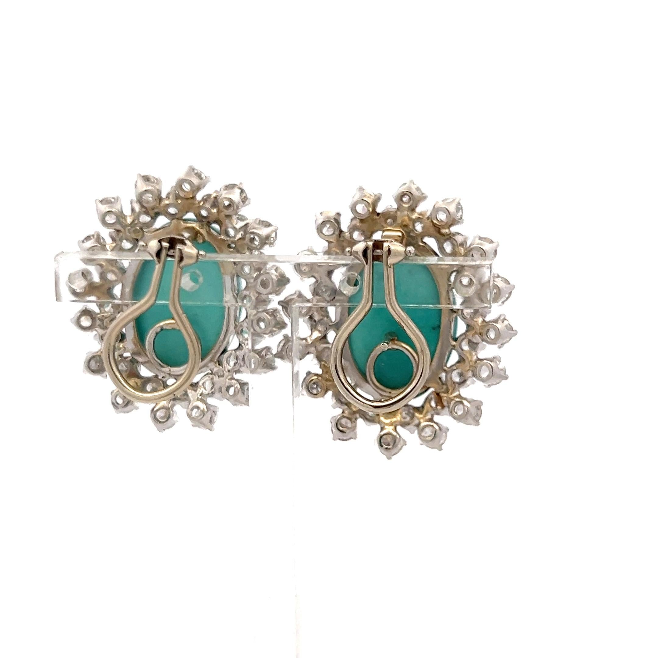 Vintage 14K White Gold Clip On Earrings 3.1ct Round G VS Diamonds and Turquoise