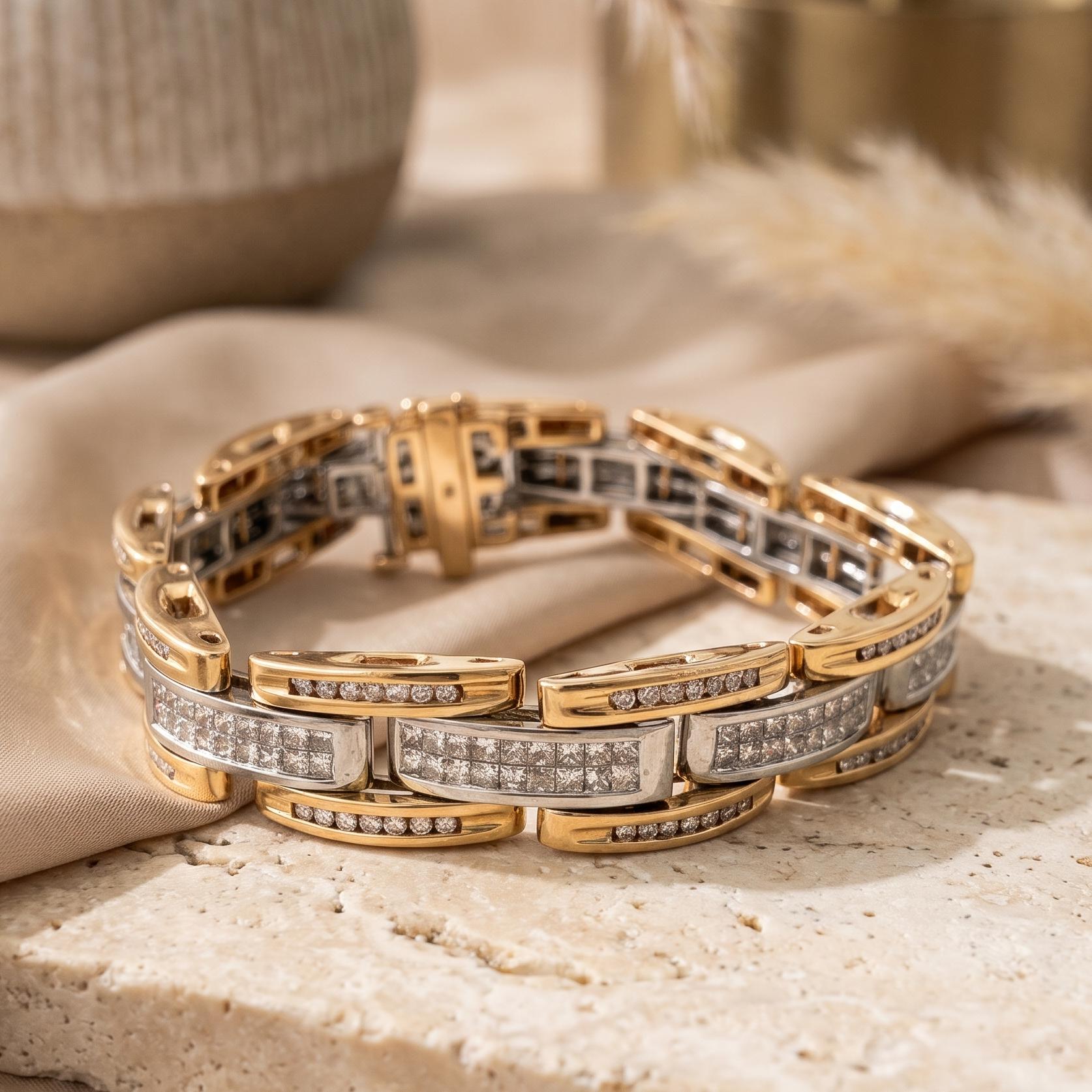 Vintage 14K Two Tone Gold Link Bracelet with 6.26ct Princess & Round Diamonds