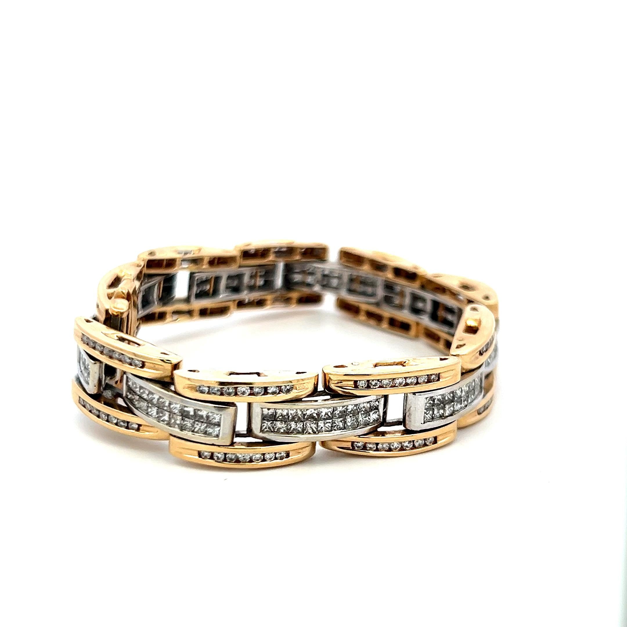 Vintage 14K Two Tone Gold Link Bracelet with 6.26ct Princess & Round Diamonds