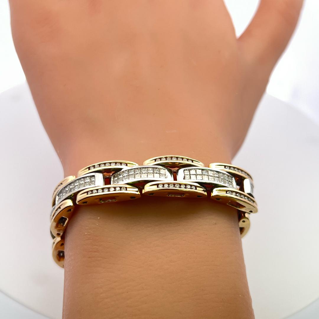 Vintage 14K Two Tone Gold Link Bracelet with 6.26ct Princess & Round Diamonds