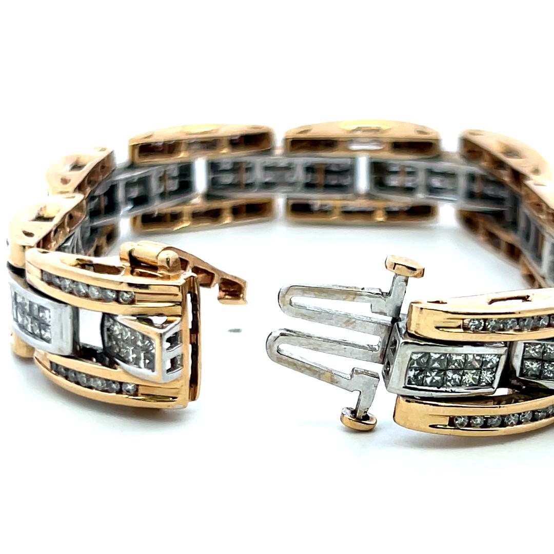 Vintage 14K Two Tone Gold Link Bracelet with 6.26ct Princess & Round Diamonds