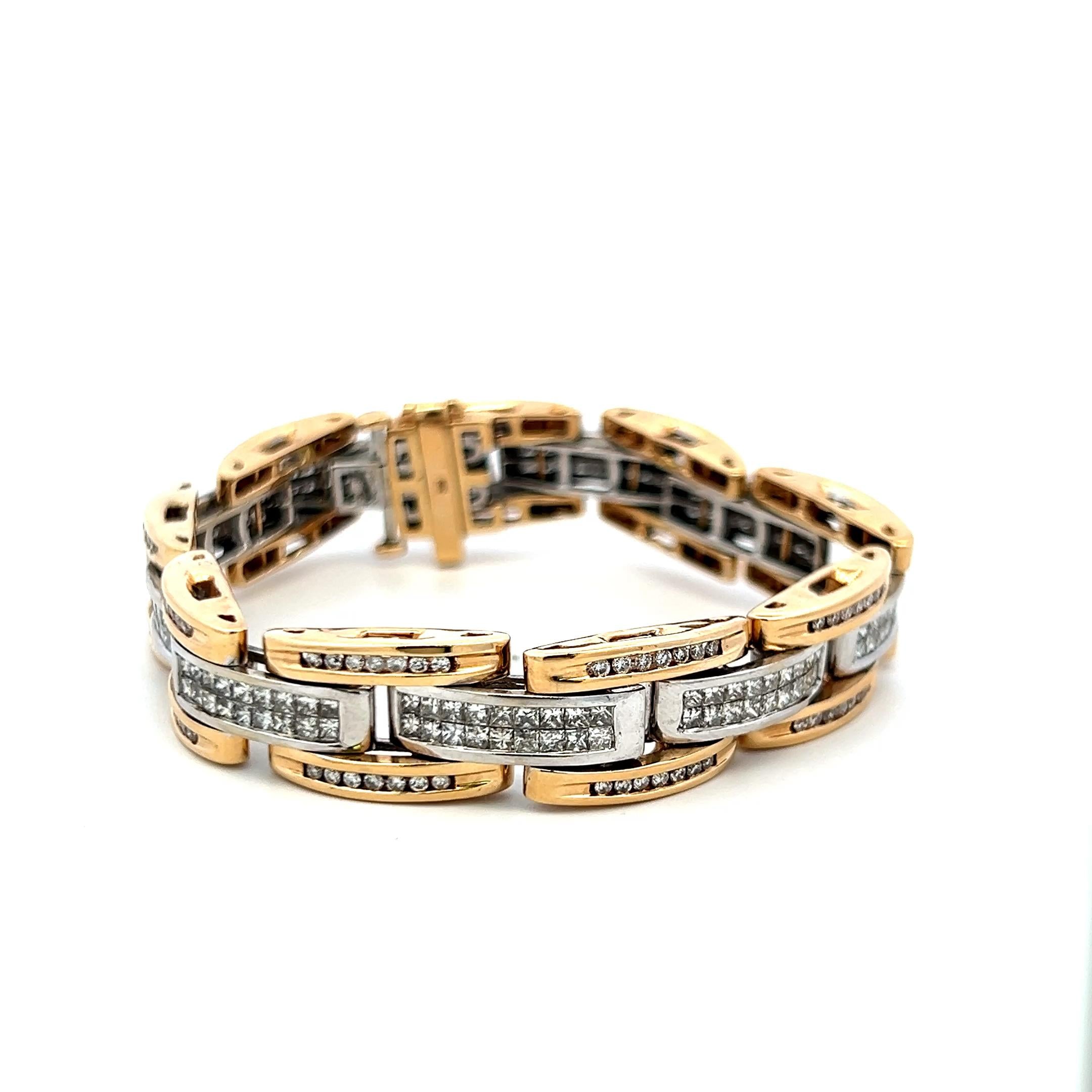 Vintage 14K Two Tone Gold Link Bracelet with 6.26ct Princess & Round Diamonds