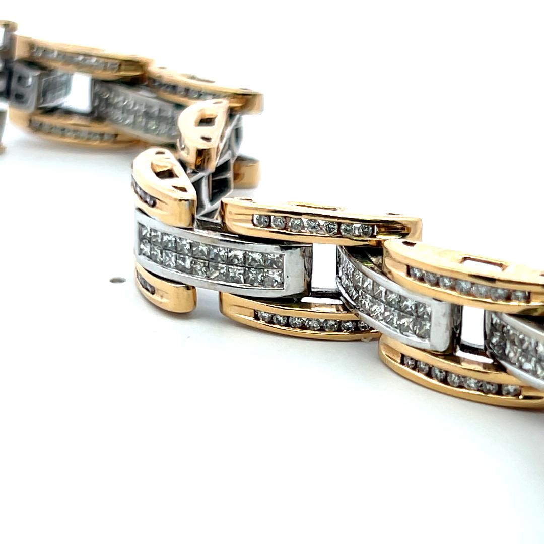 Vintage 14K Two Tone Gold Link Bracelet with 6.26ct Princess & Round Diamonds