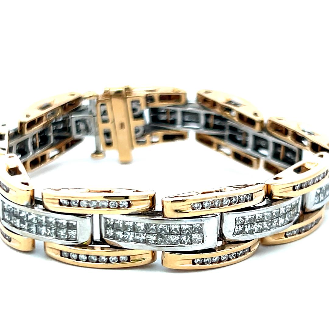 Vintage 14K Two Tone Gold Link Bracelet with 6.26ct Princess & Round Diamonds