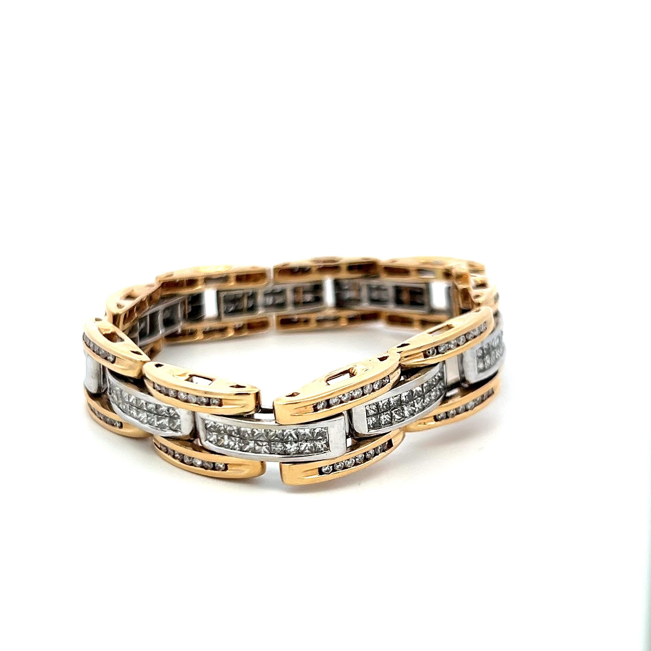 Vintage 14K Two Tone Gold Link Bracelet with 6.26ct Princess & Round Diamonds