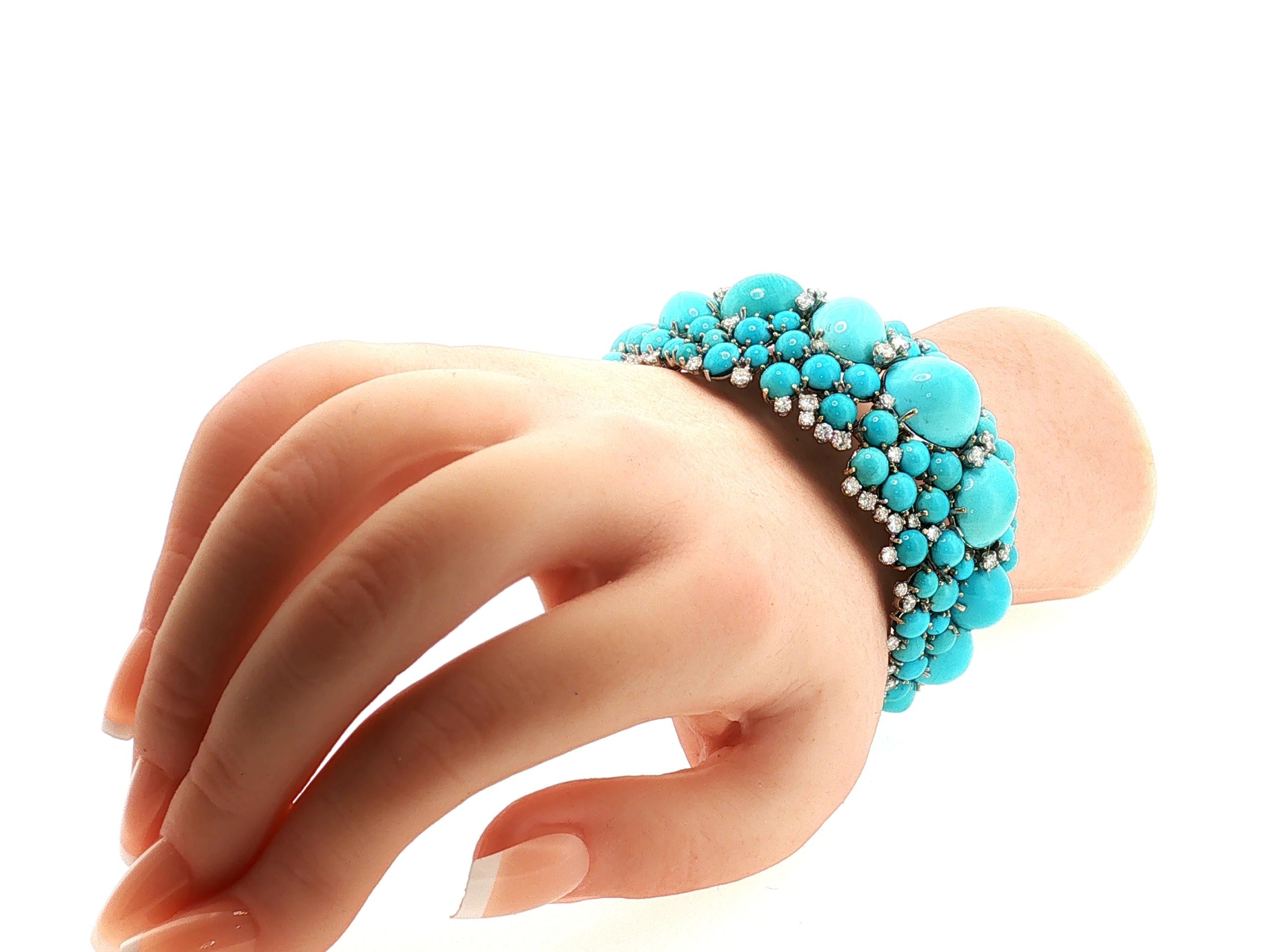 14K WG Bangle Bracelet with 6ct Round G VS Diamonds & 2.8-17.3 MM Turquoise