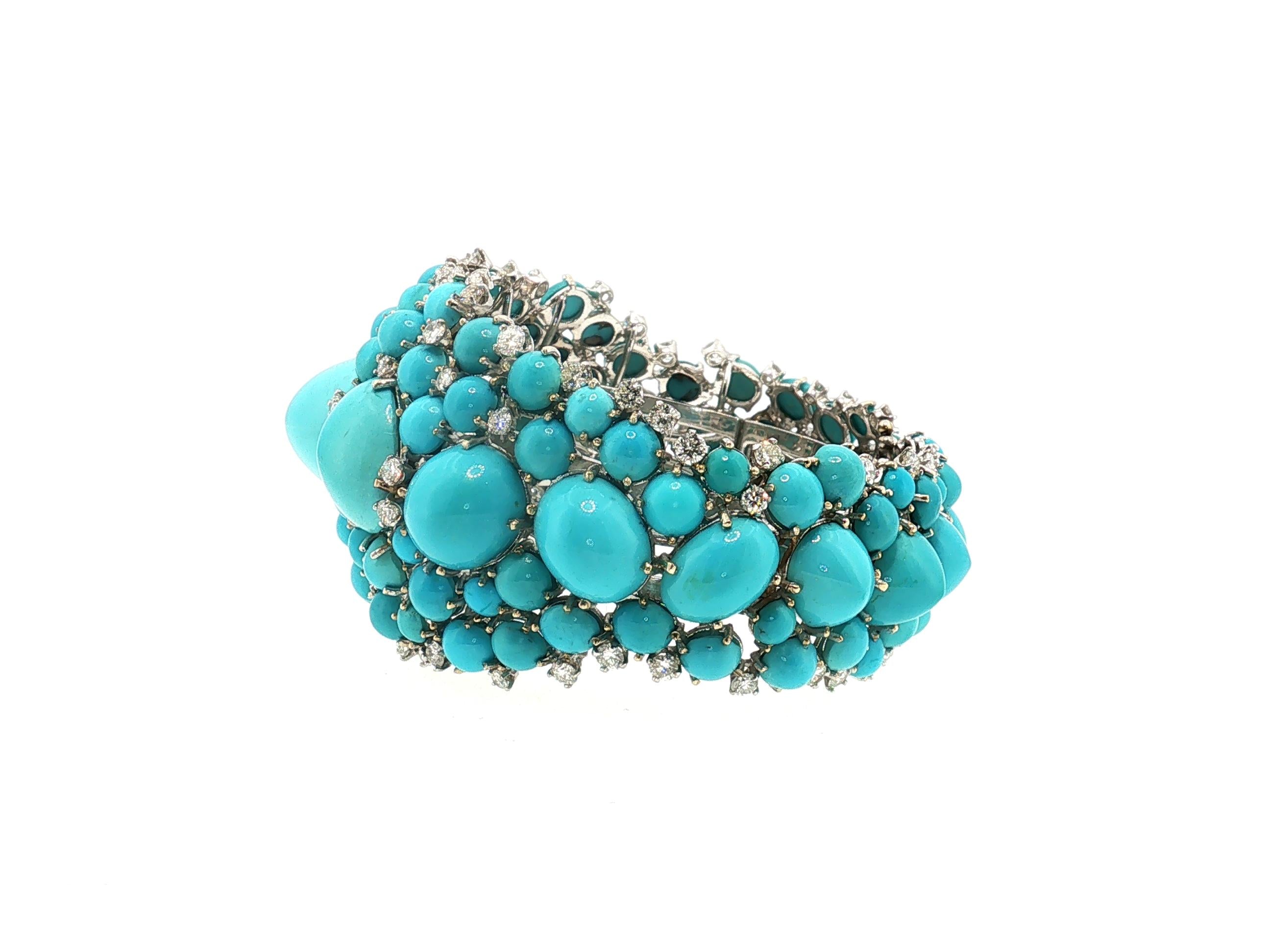 14K WG Bangle Bracelet with 6ct Round G VS Diamonds & 2.8-17.3 MM Turquoise