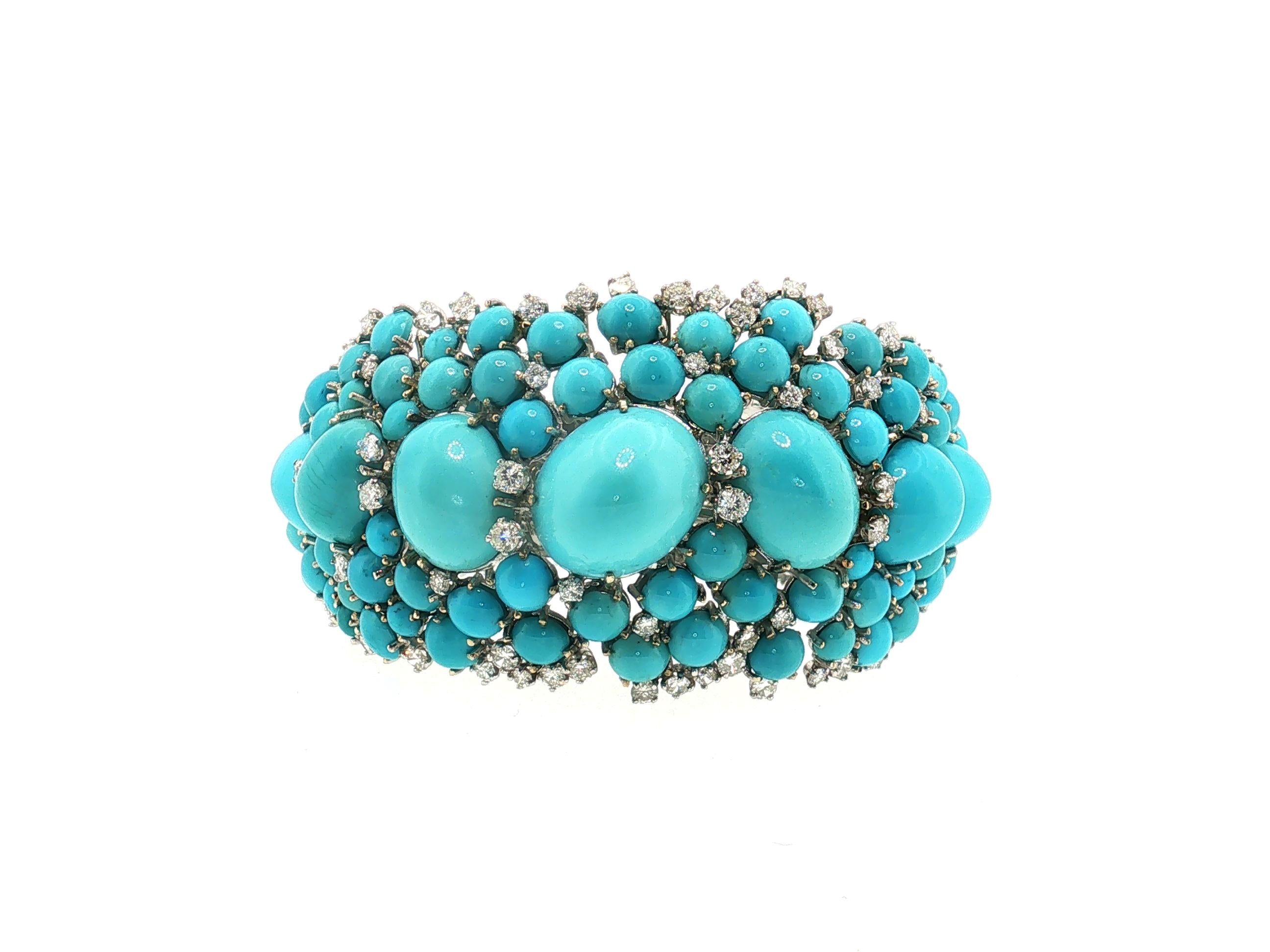 14K WG Bangle Bracelet with 6ct Round G VS Diamonds & 2.8-17.3 MM Turquoise