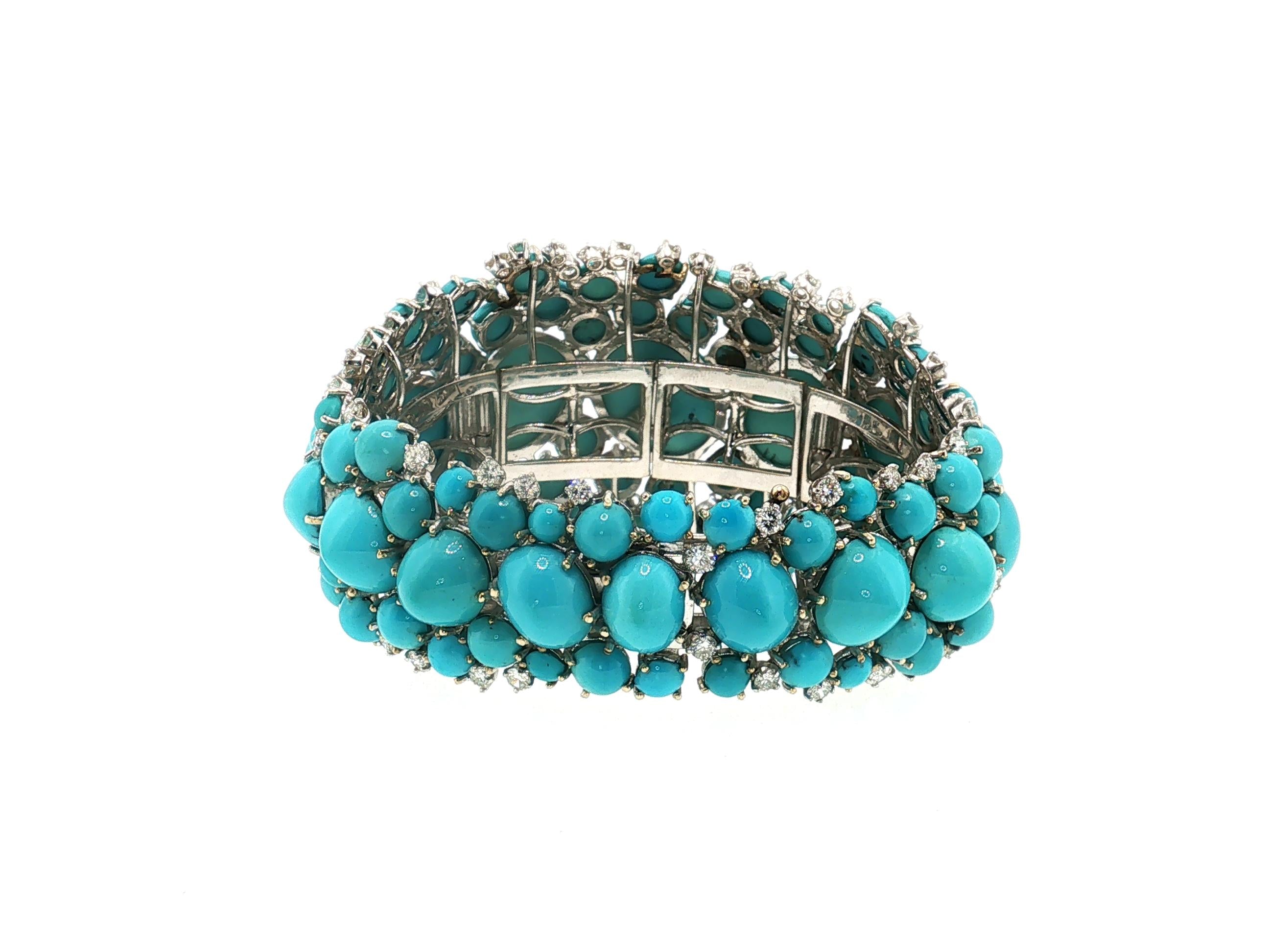 14K WG Bangle Bracelet with 6ct Round G VS Diamonds & 2.8-17.3 MM Turquoise