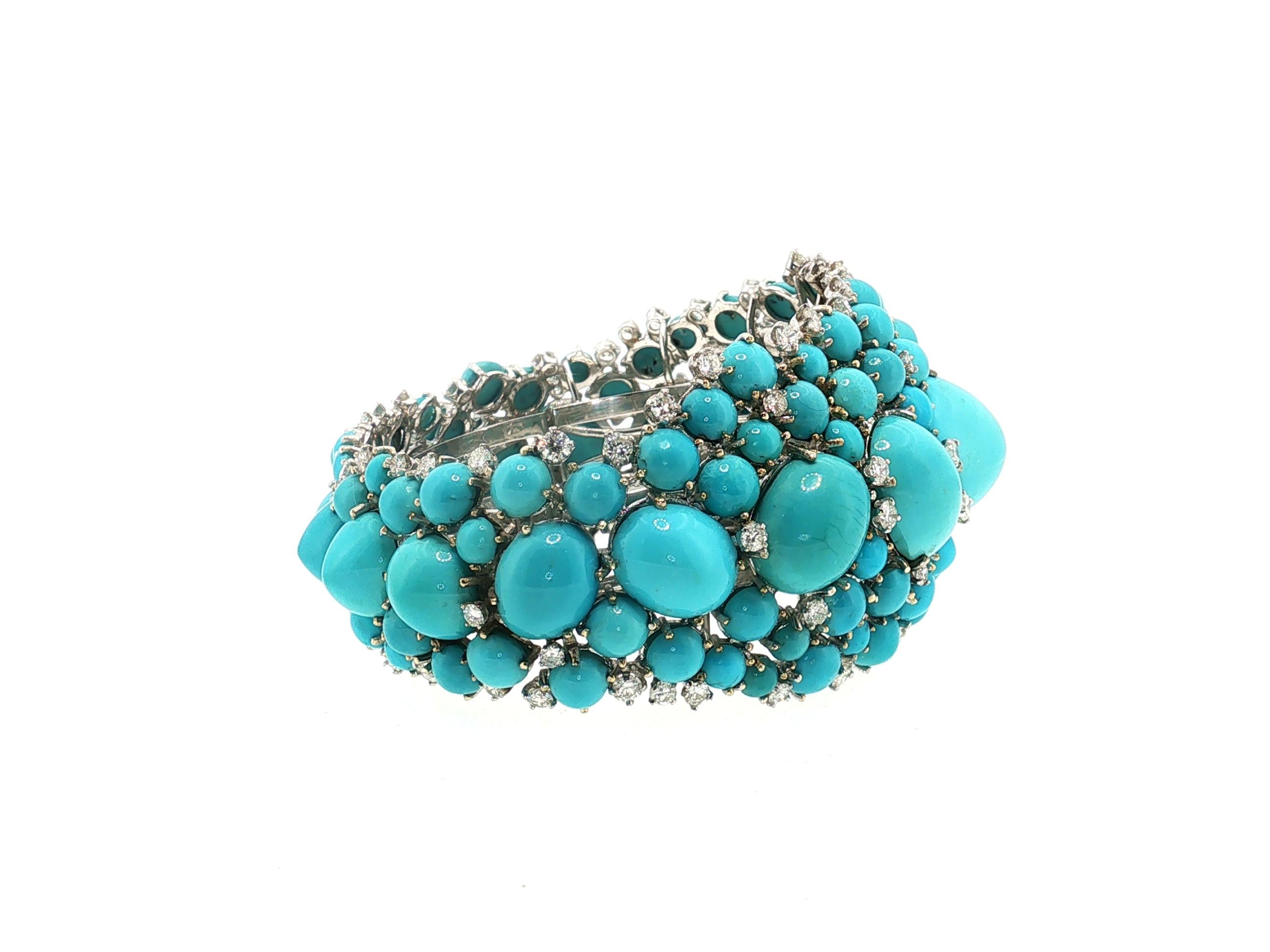 14K WG Bangle Bracelet with 6ct Round G VS Diamonds & 2.8-17.3 MM Turquoise