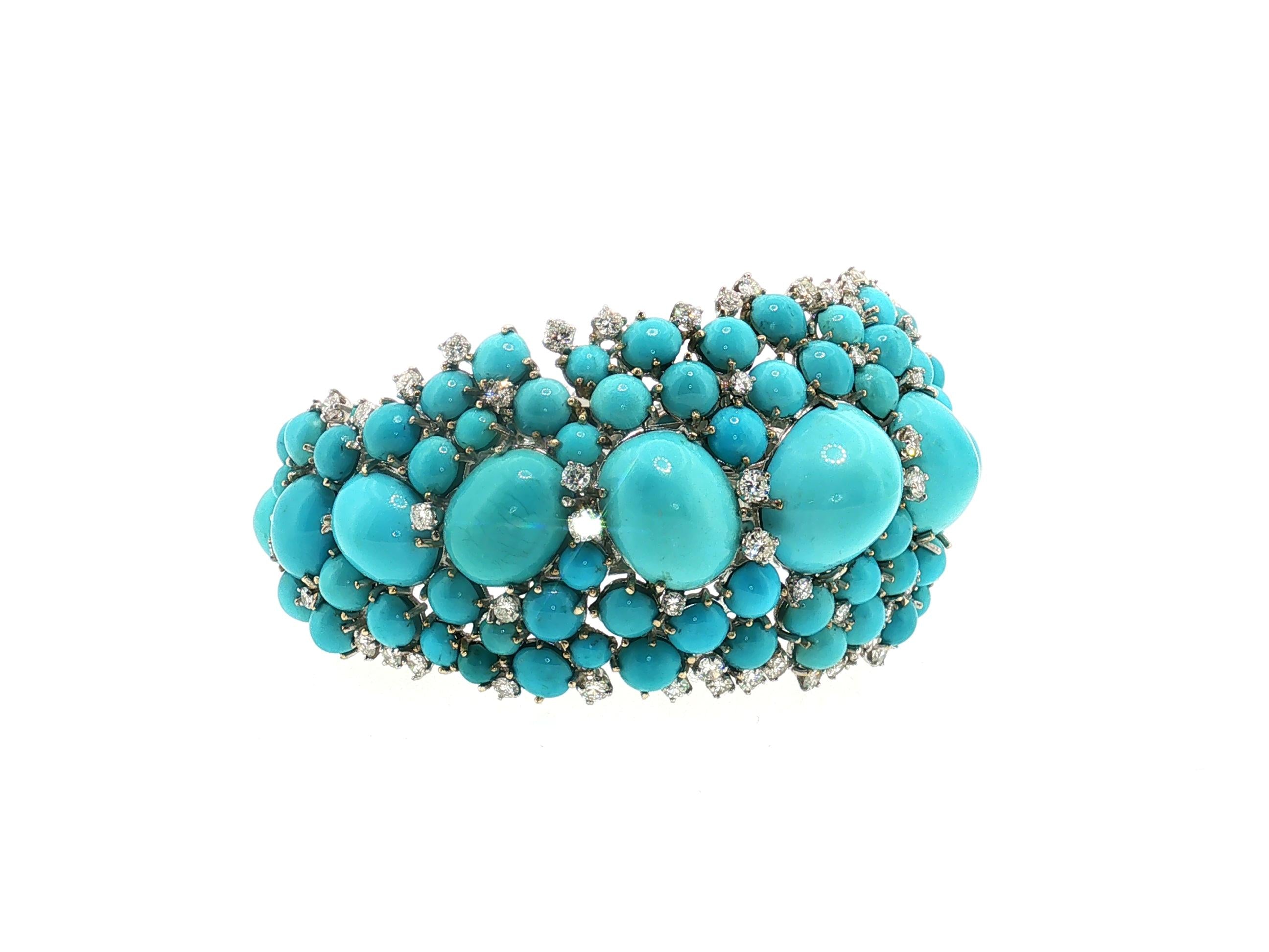 14K WG Bangle Bracelet with 6ct Round G VS Diamonds & 2.8-17.3 MM Turquoise