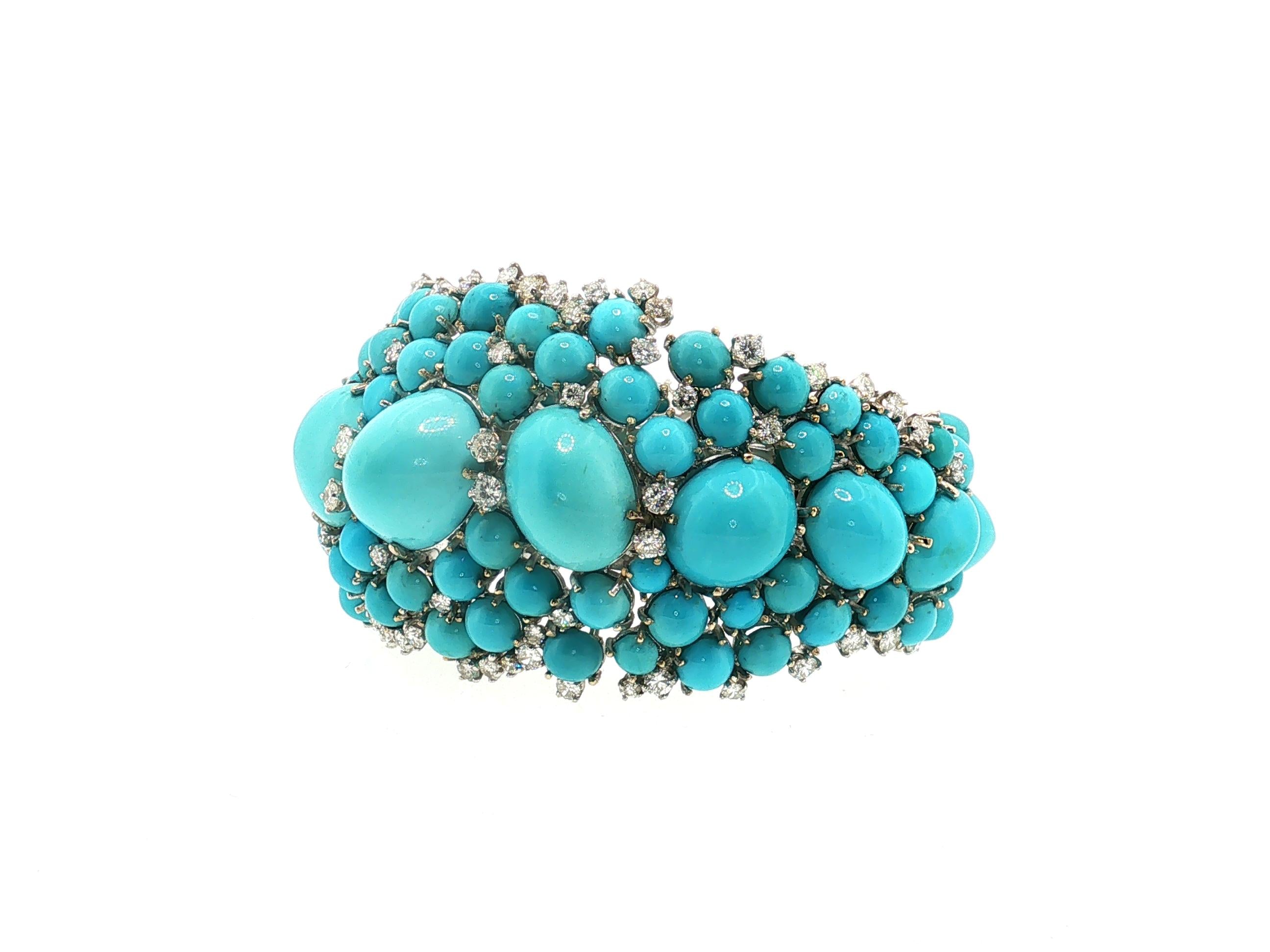14K WG Bangle Bracelet with 6ct Round G VS Diamonds & 2.8-17.3 MM Turquoise