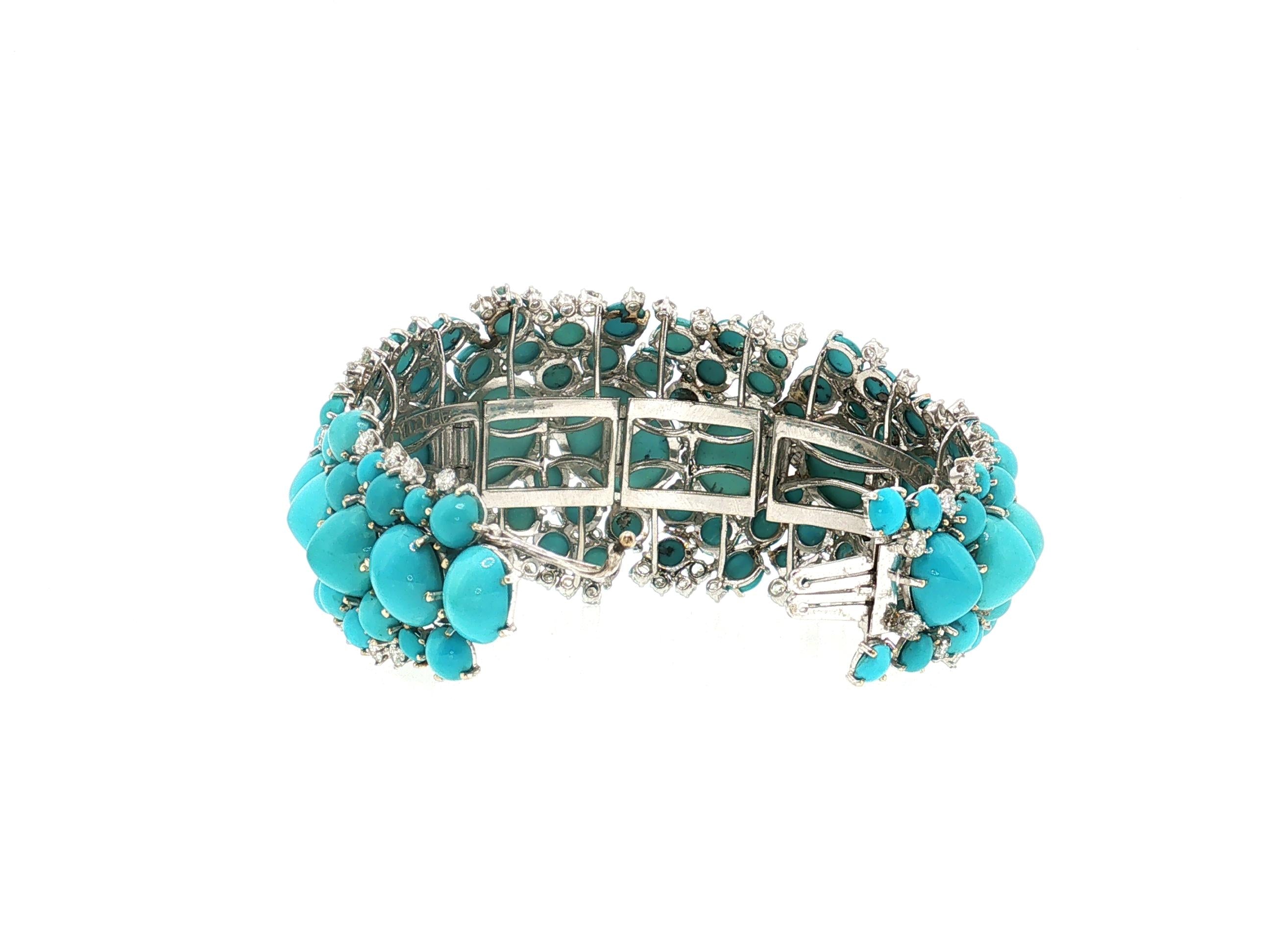 14K WG Bangle Bracelet with 6ct Round G VS Diamonds & 2.8-17.3 MM Turquoise