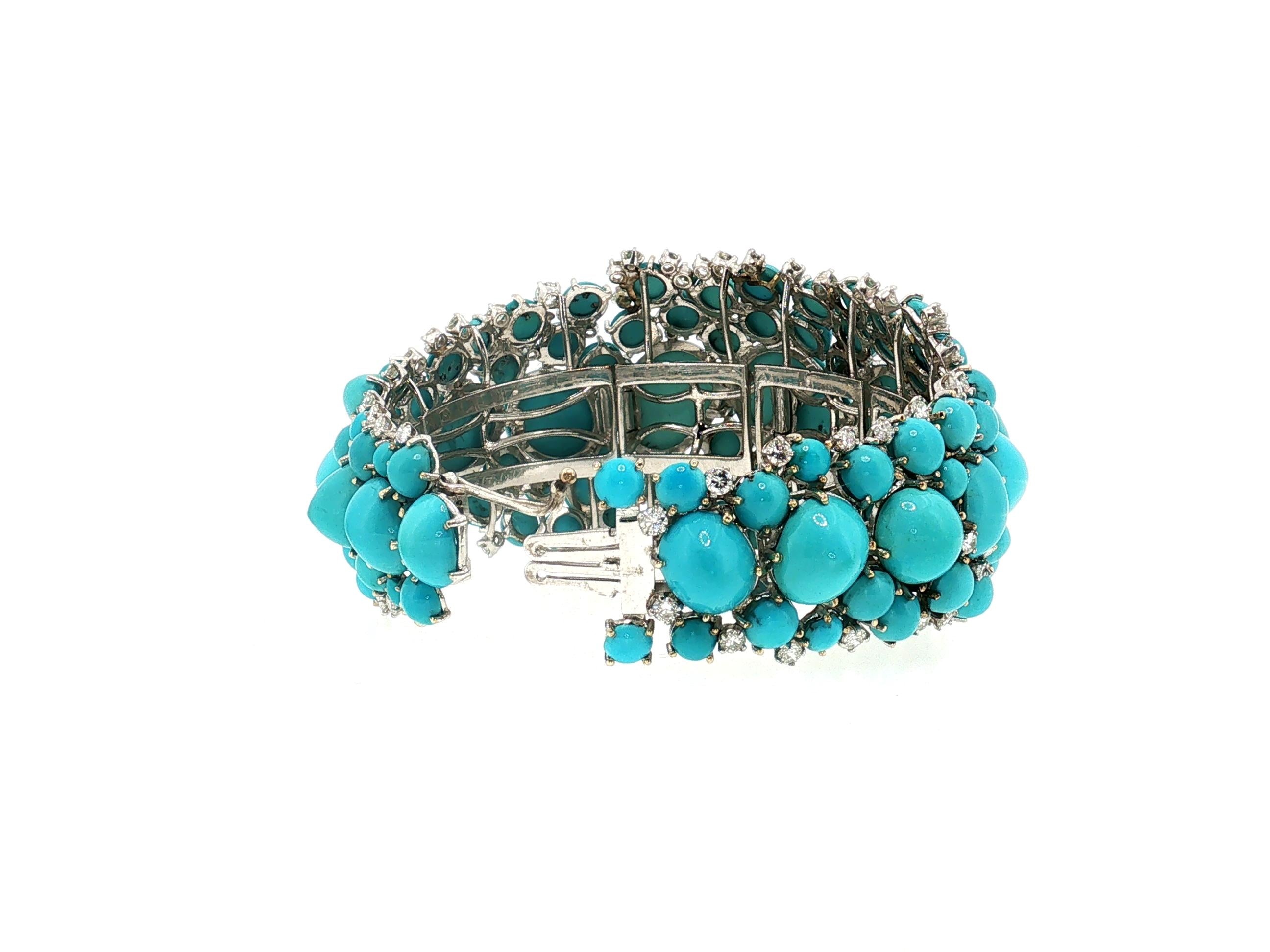 14K WG Bangle Bracelet with 6ct Round G VS Diamonds & 2.8-17.3 MM Turquoise