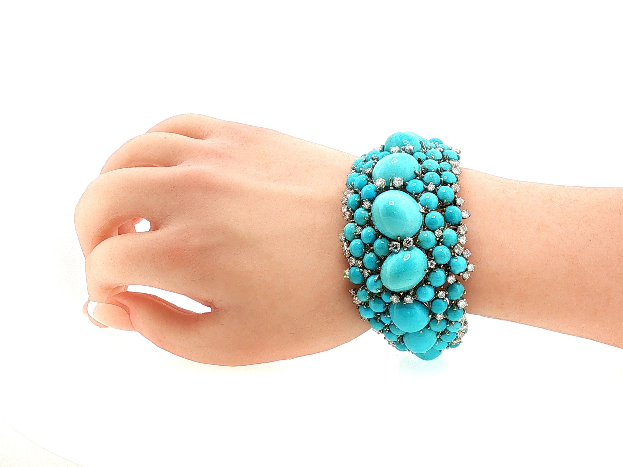 14K WG Bangle Bracelet with 6ct Round G VS Diamonds & 2.8-17.3 MM Turquoise