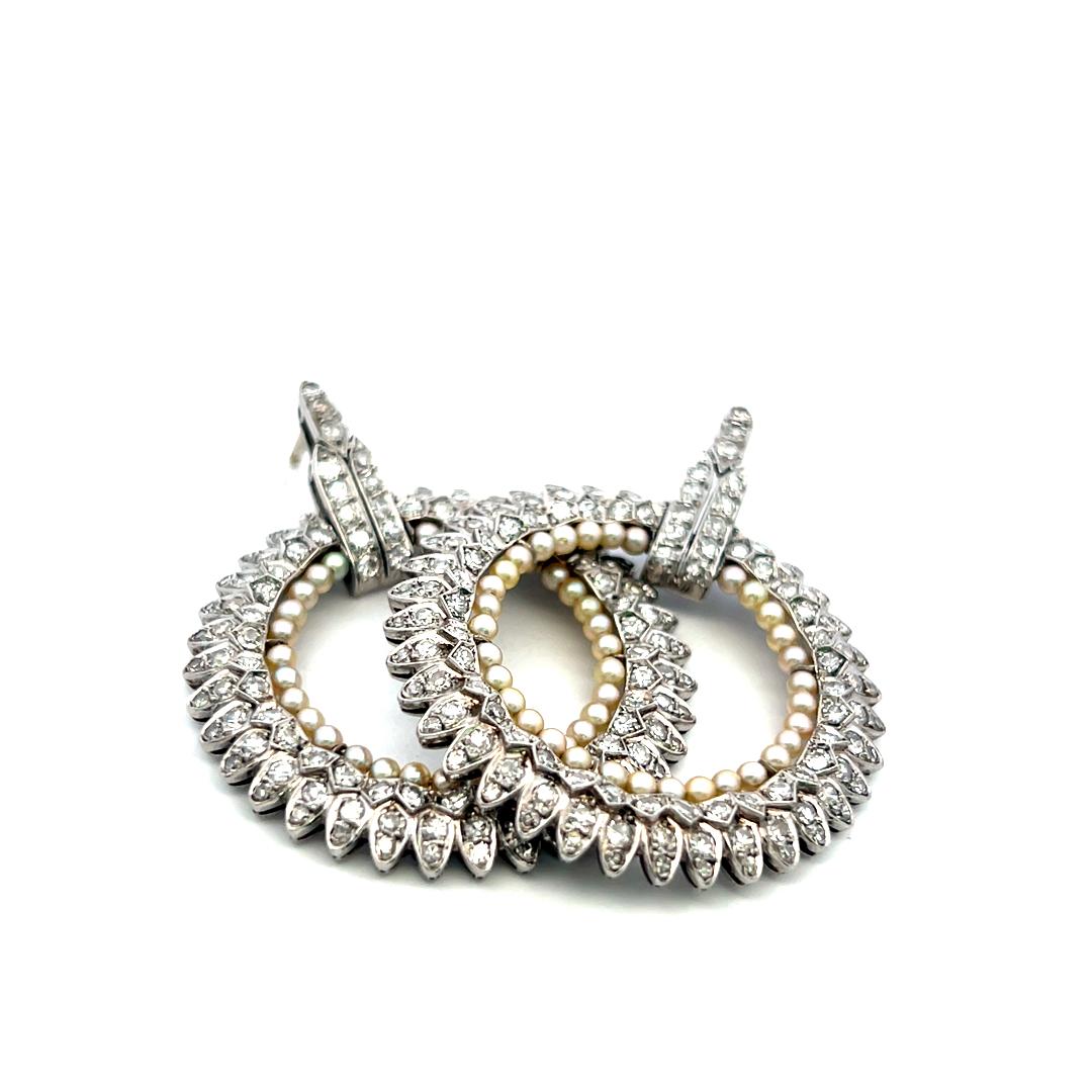 Platinum Pin Brooch & Hoop Earrings Set with 10.4 Ct H-VS Diamonds & Pearls
