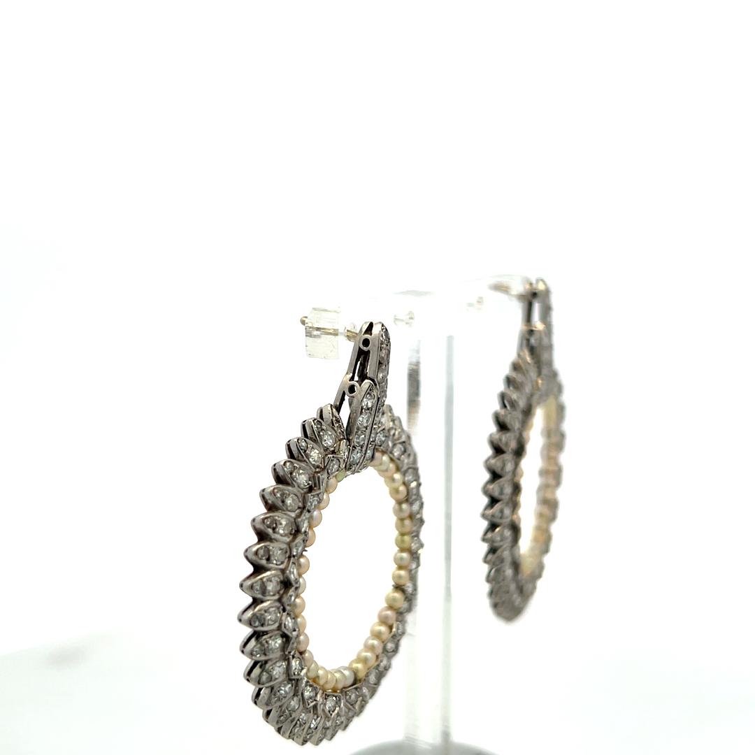 Platinum Pin Brooch & Hoop Earrings Set with 10.4 Ct H-VS Diamonds & Pearls