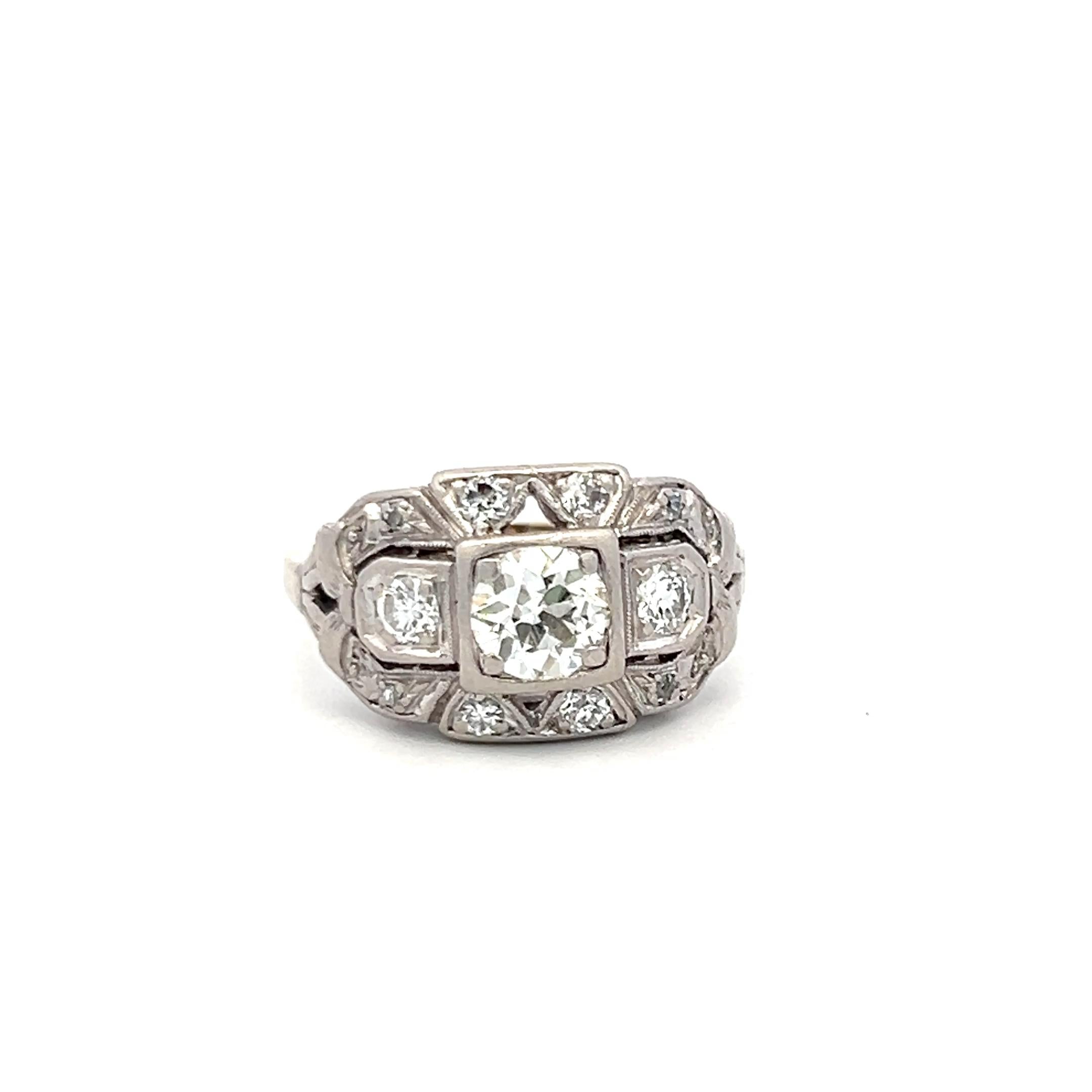 Vintage Art Deco Platinum Ring with 0.86 Carat Old European Cut Diamond Size 6