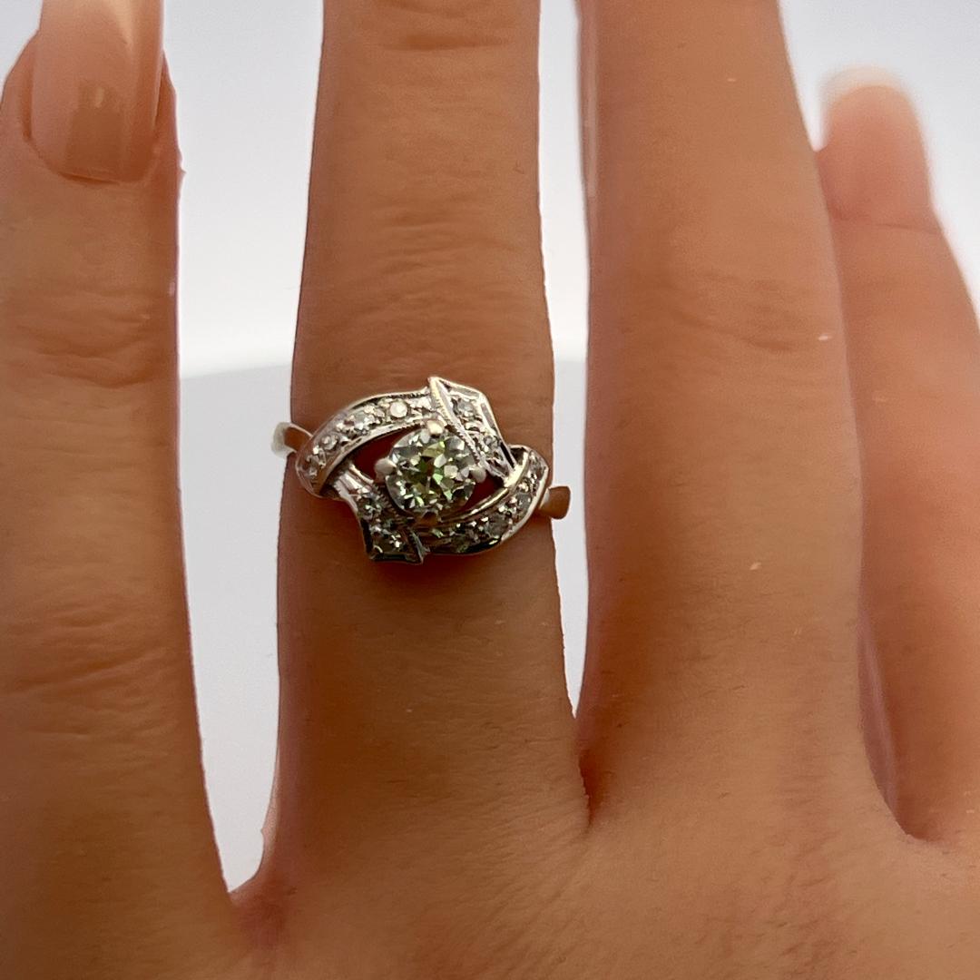 14K White Gold Art Deco Ring With 0.75 Carat Old European and Round Diamonds