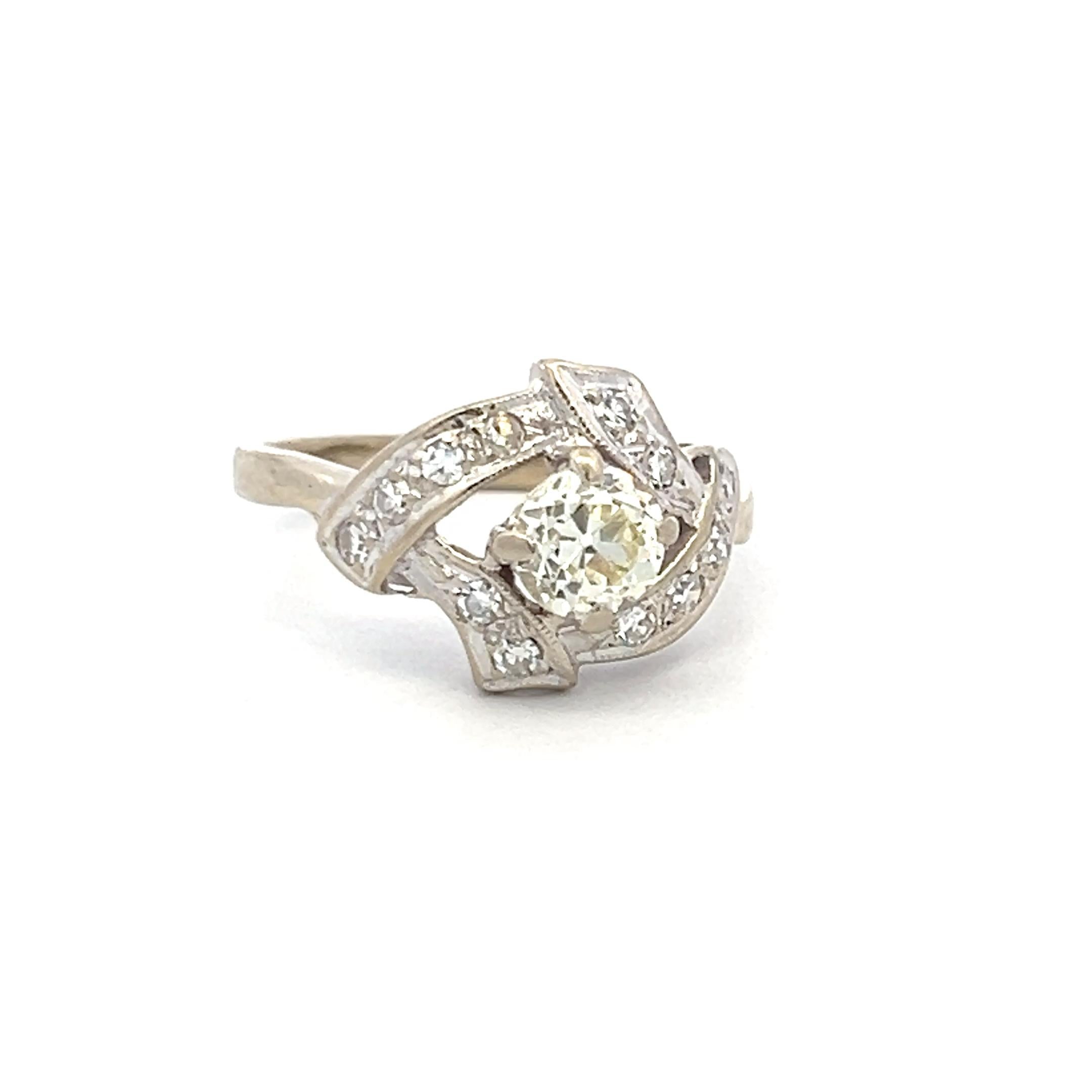 14K White Gold Art Deco Ring With 0.75 Carat Old European and Round Diamonds
