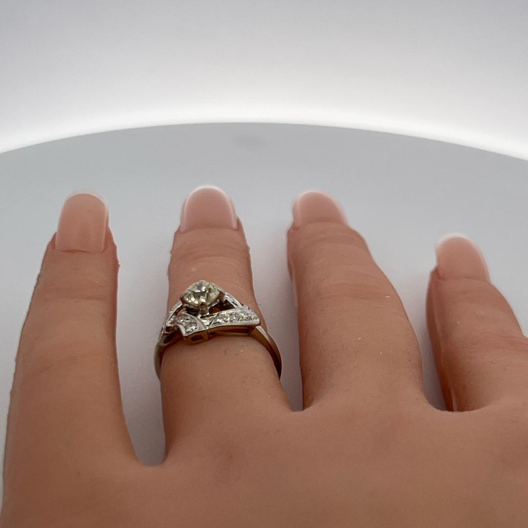 14K White Gold Art Deco Ring With 0.75 Carat Old European and Round Diamonds