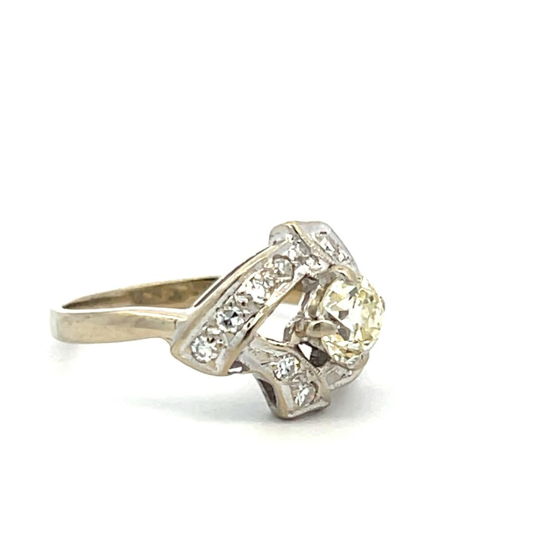 14K White Gold Art Deco Ring With 0.75 Carat Old European and Round Diamonds