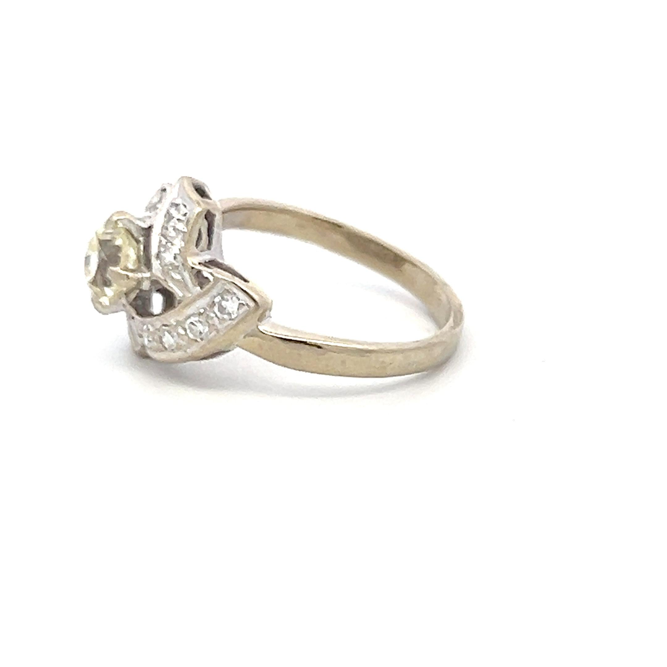 14K White Gold Art Deco Ring With 0.75 Carat Old European and Round Diamonds