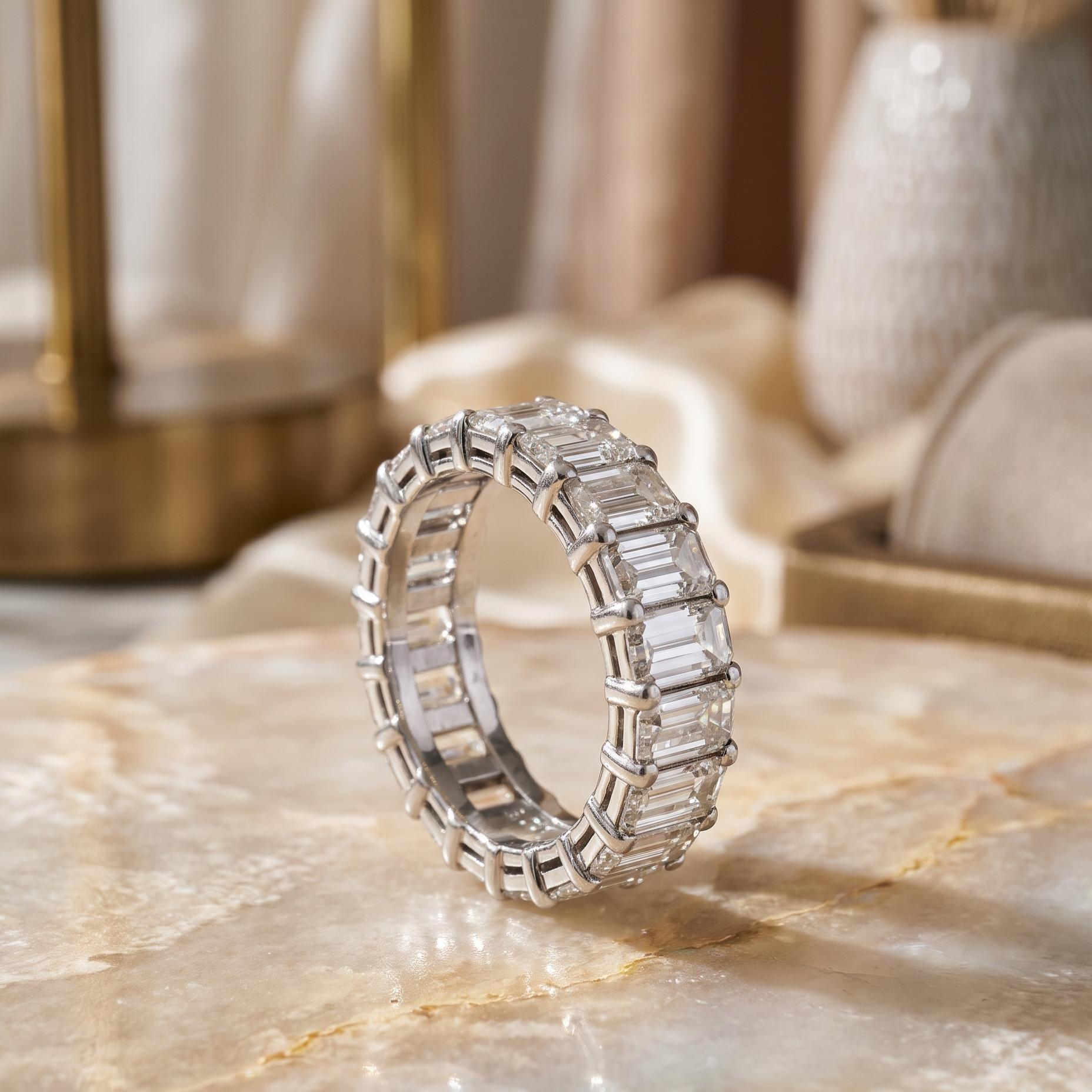 Platinum Eternity Band Ring with 6 Carat Emerald Cut G VS Diamonds Size 5.75