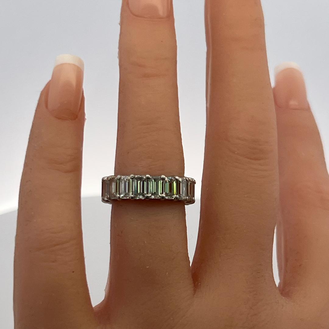 Platinum Eternity Band Ring with 6 Carat Emerald Cut Diamonds Size 5.75