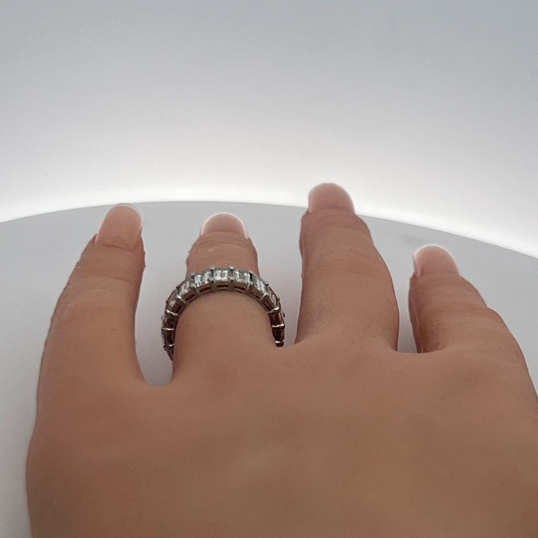 Platinum Eternity Band Ring with 6 Carat Emerald Cut Diamonds Size 5.75