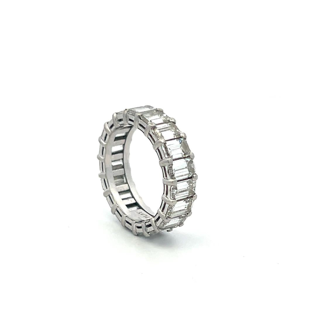 Platinum Eternity Band Ring with 6 Carat Emerald Cut Diamonds Size 5.75