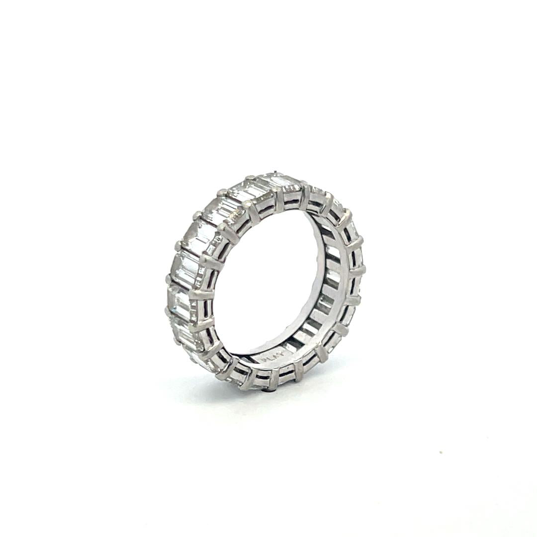 Platinum Eternity Band Ring with 6 Carat Emerald Cut Diamonds Size 5.75