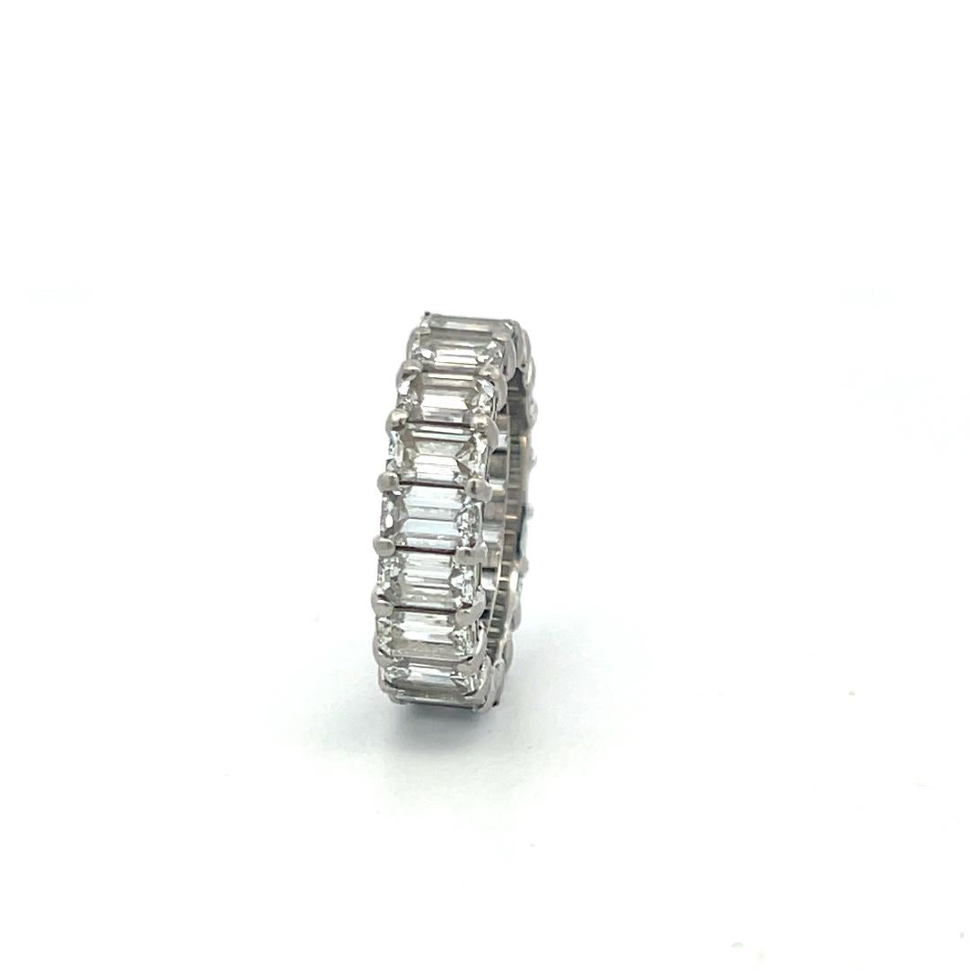 Platinum Eternity Band Ring with 6 Carat Emerald Cut Diamonds Size 5.75