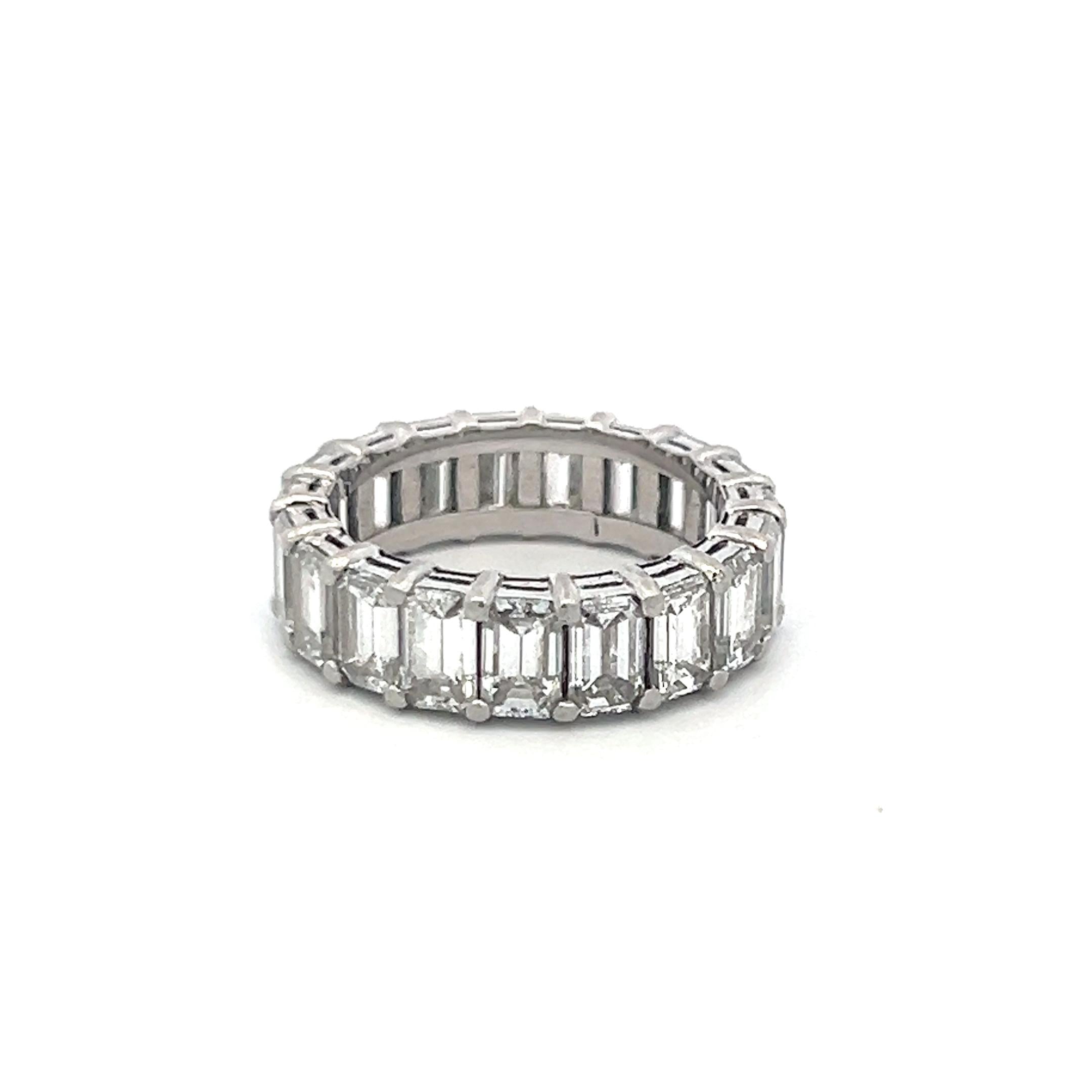 Platinum Eternity Band Ring with 6 Carat Emerald Cut Diamonds Size 5.75