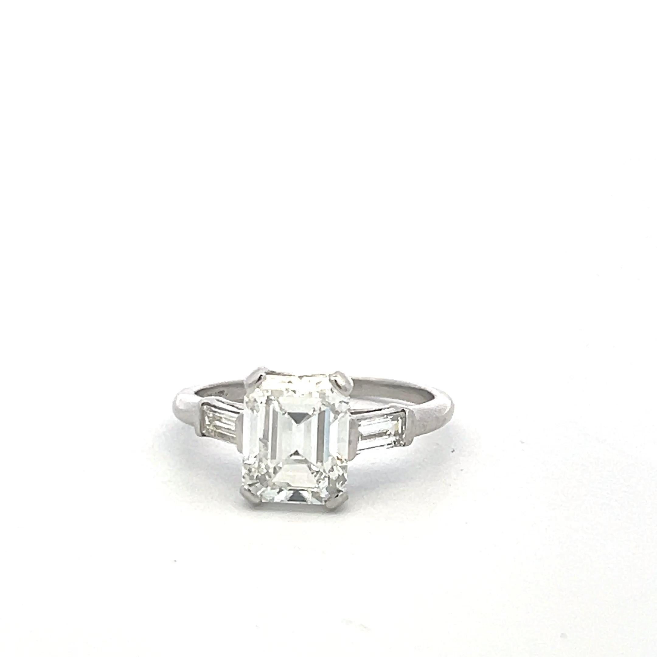 Platinum Engagement Ring with 3.45 Carat Emerald & Baguette Diamonds H VS1 GIA
