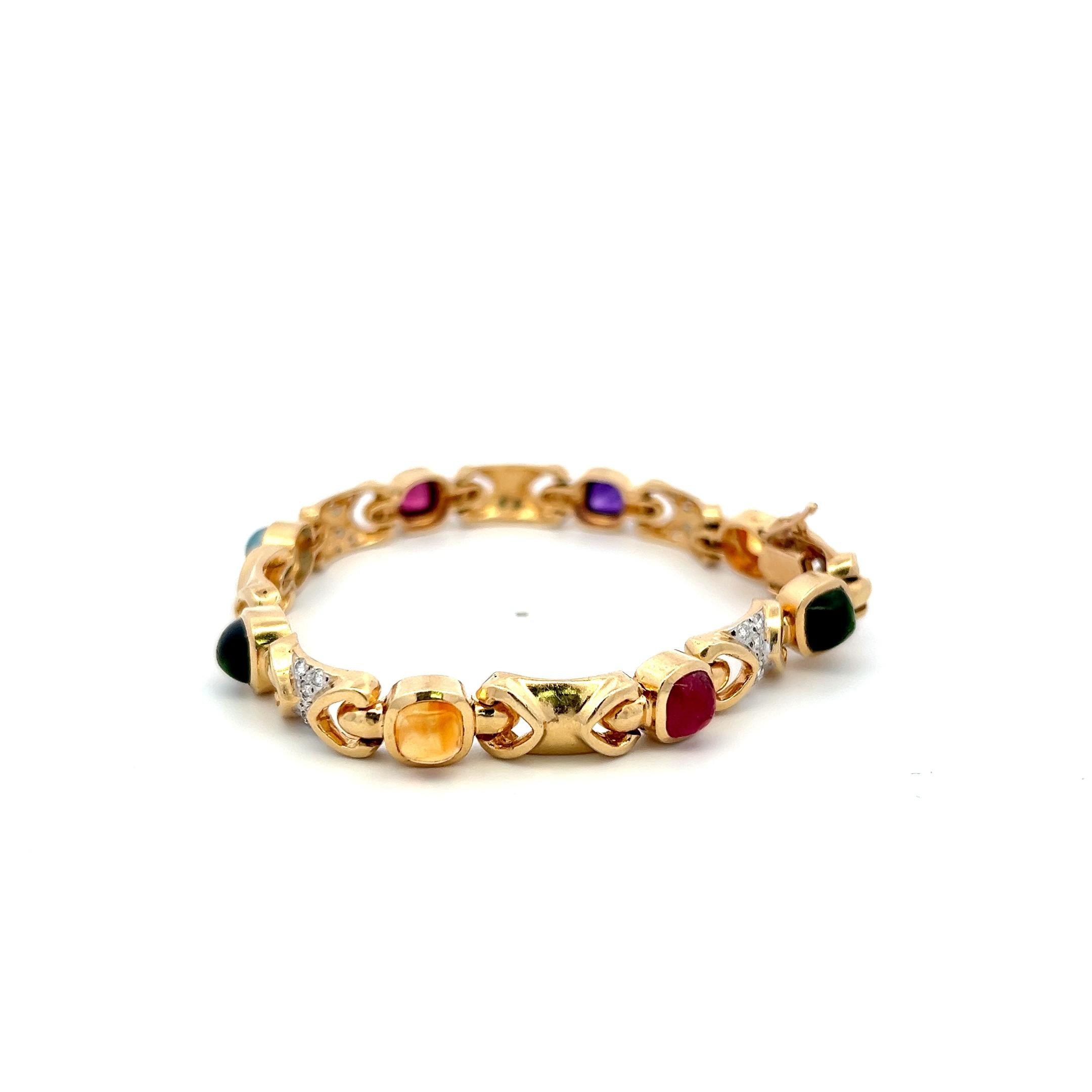 14K YG Link Bracelet with 0.48 Carat Round G-SI Diamonds & Multi-Gemstones