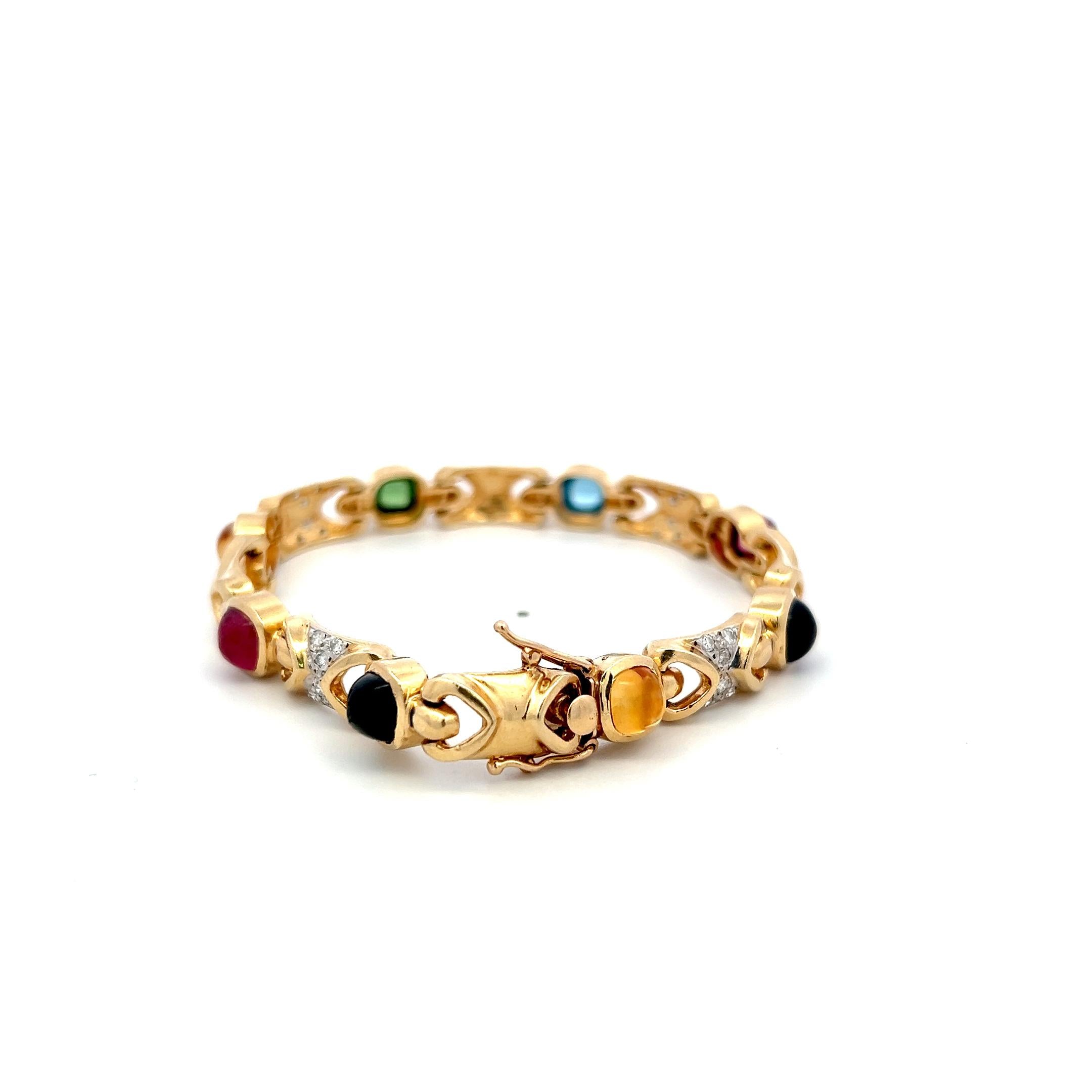 14K YG Link Bracelet with 0.48 Carat Round G-SI Diamonds & Multi-Gemstones