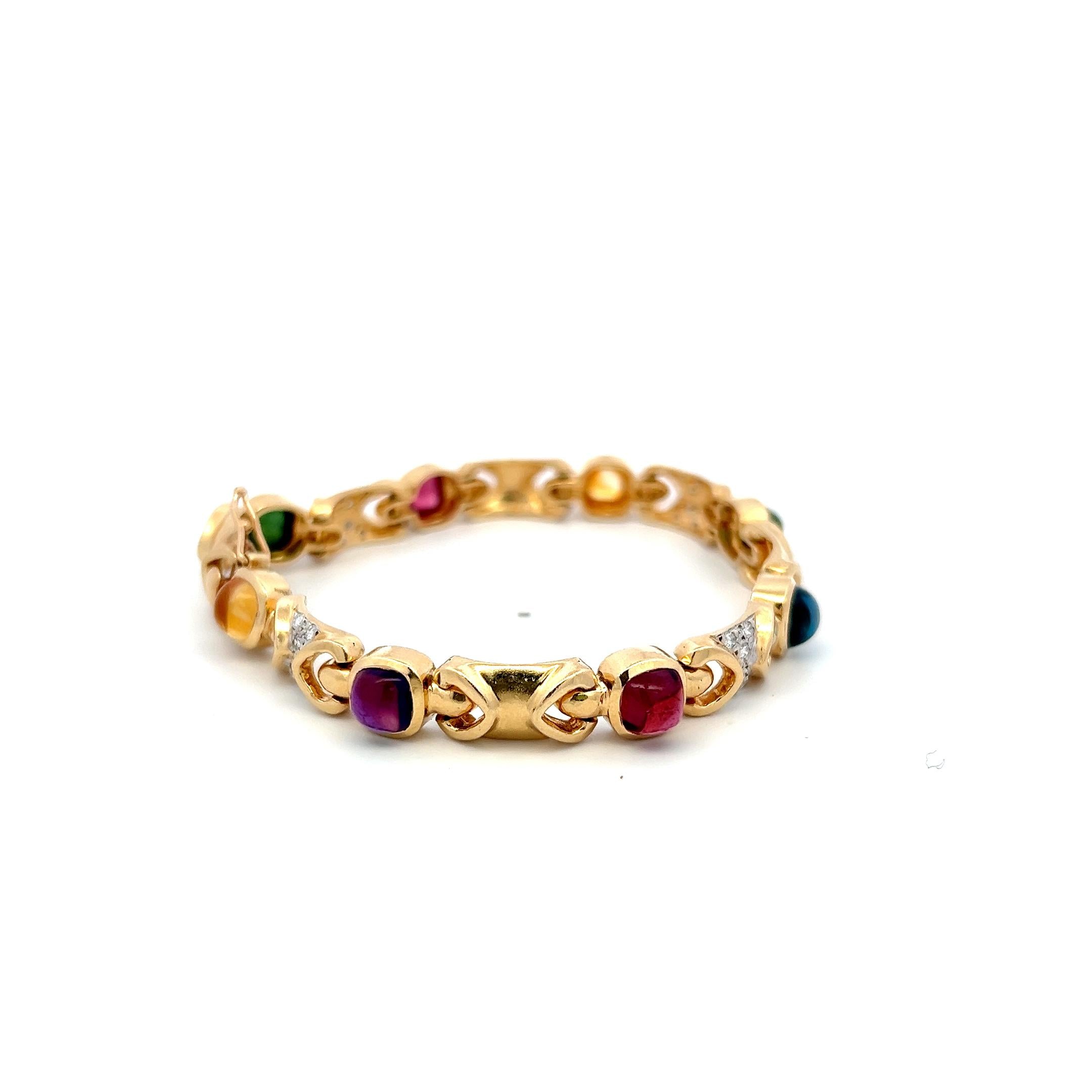 14K YG Link Bracelet with 0.48 Carat Round G-SI Diamonds & Multi-Gemstones