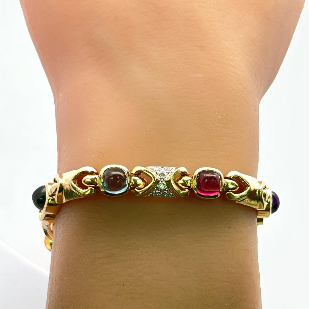 14K YG Link Bracelet with 0.48 Carat Round G-SI Diamonds & Multi-Gemstones